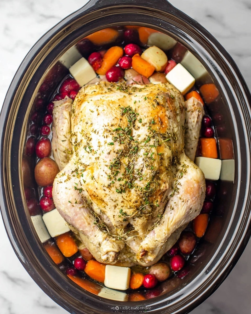 A large whole chicken with a light golden color and specks of herbs covers the top of a dark slow cooker. Underneath the chicken is a layer of small orange baby carrots and red cranberries with a few small round potatoes visible through the gaps. Around the edges inside the cooker are multiple cubes of pale butter placed evenly. The slow cooker is set on a white marbled surface. photo taken with an iphone --ar 4:5 --v 7