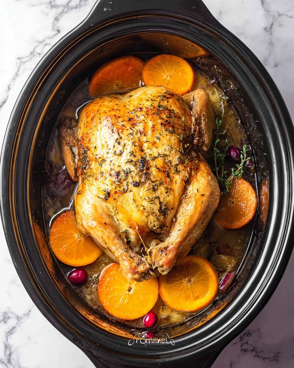 A cooked whole chicken with golden brown and slightly crispy skin is centered in a black slow cooker. The chicken is seasoned with herbs visible on the skin. Around the chicken, there are several slices of bright orange citrus fruits and some small red berries floating in a light broth at the bottom. The slow cooker rests on a white marbled surface. photo taken with an iphone --ar 4:5 --v 7