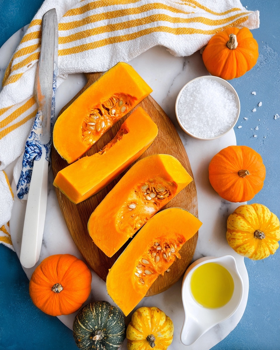 The image shows a wooden board on a white marbled surface holding six bright orange pumpkin wedges, each with seeds and stringy insides visible in the middle layer. Around the board, there are several small whole pumpkins in shades of yellow, orange, and green, creating a colorful border. On the top right of the board is a small white bowl filled with coarse white salt, and in the bottom right corner, a white sauce boat holds a light yellow liquid, likely oil. A white dish towel with yellow and gray stripes is partially seen on the top left, and a metal spatula with a white handle decorated with blue patterns rests behind the board. The overall look is fresh and vibrant with warm autumn colors. photo taken with an iphone --ar 4:5 --v 7