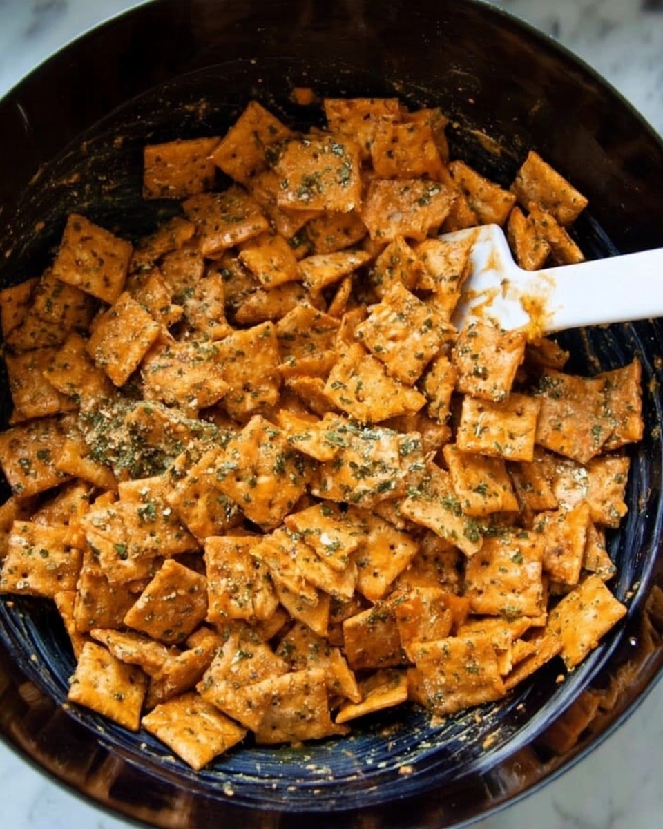 The image shows a close-up of many small, square crackers with an orange color, sprinkled with green herbs and spices, all mixed evenly in a shiny black bowl. There is a white spatula with some crackers sticking to it inside the bowl on the right side. The crackers have a rough texture and are piled loosely, covering the entire bowl's inside. The background is a white marbled surface. photo taken with an iphone --ar 4:5 --v 7