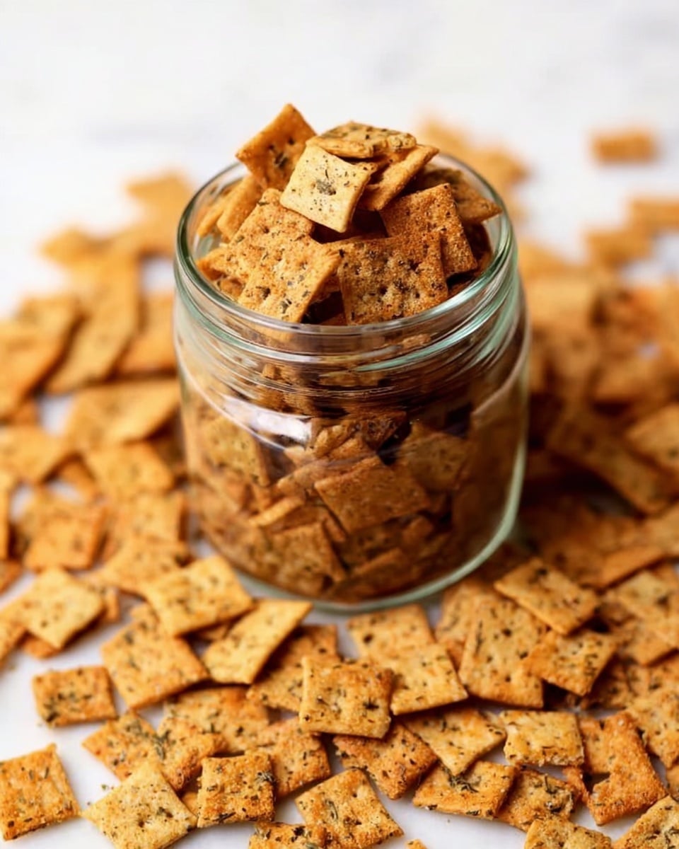 The image shows a clear glass jar filled and overflowing with golden brown crackers that have visible black and green herb specks. Around the jar is a scattered pile of the same thin, square-shaped crackers with slightly rough surfaces and a crunchy texture. The background is a clean white marbled surface, providing a simple and bright look. Photo taken with an iphone --ar 4:5 --v 7