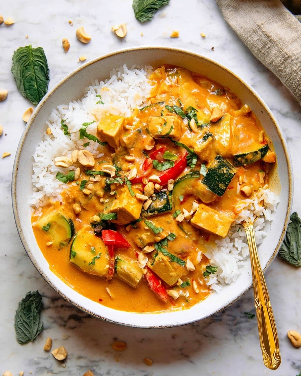The image shows a white bowl with two main layers: a base of white rice that fills the bowl and a creamy orange curry on top. The curry contains light golden chunks of tofu, green zucchini pieces, and thin strips of red bell pepper, all covered in thick sauce. Small chopped nuts and fresh green herbs are scattered over the curry as garnish. A golden spoon rests inside the bowl with its handle coming out towards the bottom right. The bowl is placed on a white marbled surface with small green leaves and nuts scattered around. Photo taken with an iphone --ar 4:5 --v 7