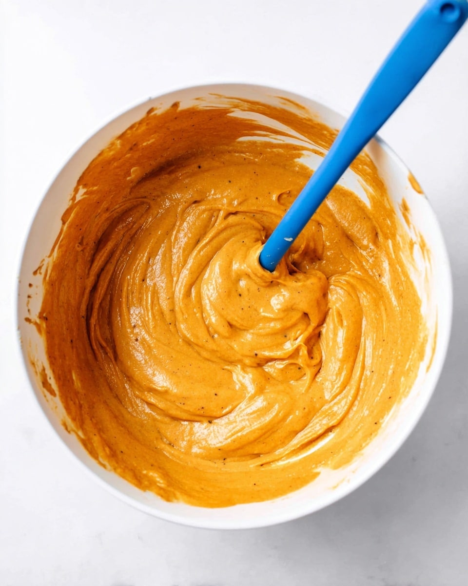 A close-up of a white bowl filled with smooth, thick orange batter with tiny dark specks, being stirred by a blue spatula in the center, showing swirls and folds in the batter texture. The bowl is placed on a white marbled surface which is bright and clean. The batter looks creamy and dense, filling most of the bowl. photo taken with an iphone --ar 4:5 --v 7