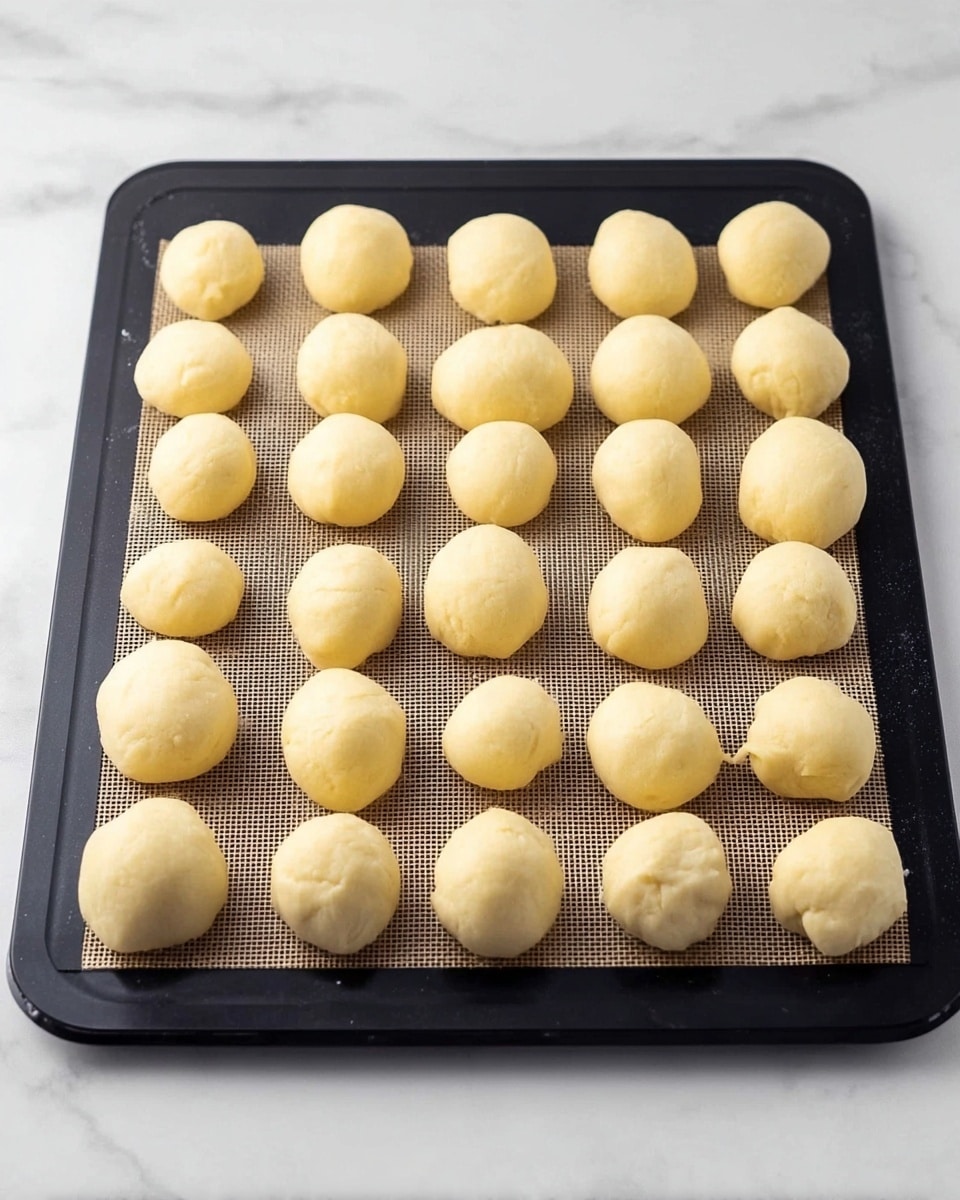 The image shows a black baking tray filled with 27 small, round dough balls placed in neat rows on a light brown silicone baking mat. Each dough ball is smooth with a pale yellow color, showing slight texture variations and a soft matte finish. The tray is set on a white marbled surface, and no other objects are visible in the scene. photo taken with an iphone --ar 4:5 --v 7