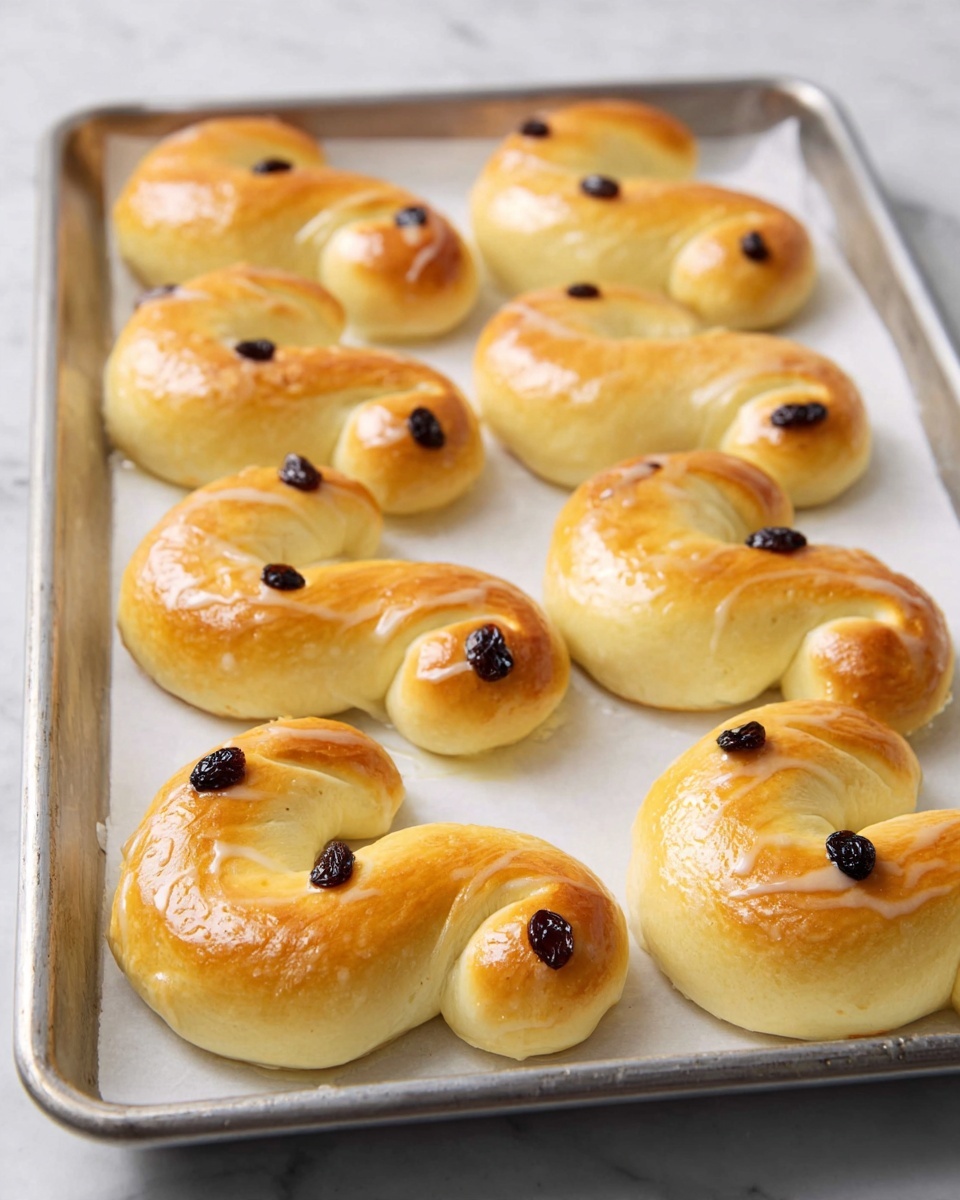 A metal tray with a white lined paper holds twelve soft, golden brown sweet buns each shaped like the letter