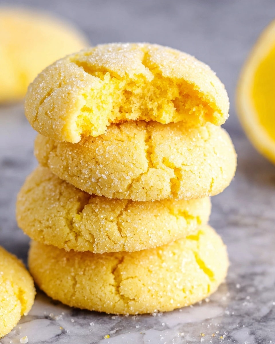 A stack of four soft yellow cookies with a sugar coating is shown on a white marbled surface. The top cookie has a bite taken out of its right side, revealing a fluffy, moist inside that matches the cookie's yellow color. The cookies have a slightly cracked texture on the surface, and the granulated sugar gives them a sparkling effect. A blurred lemon slice is visible in the top right corner, adding a hint of bright yellow to the background. photo taken with an iphone --ar 4:5 --v 7