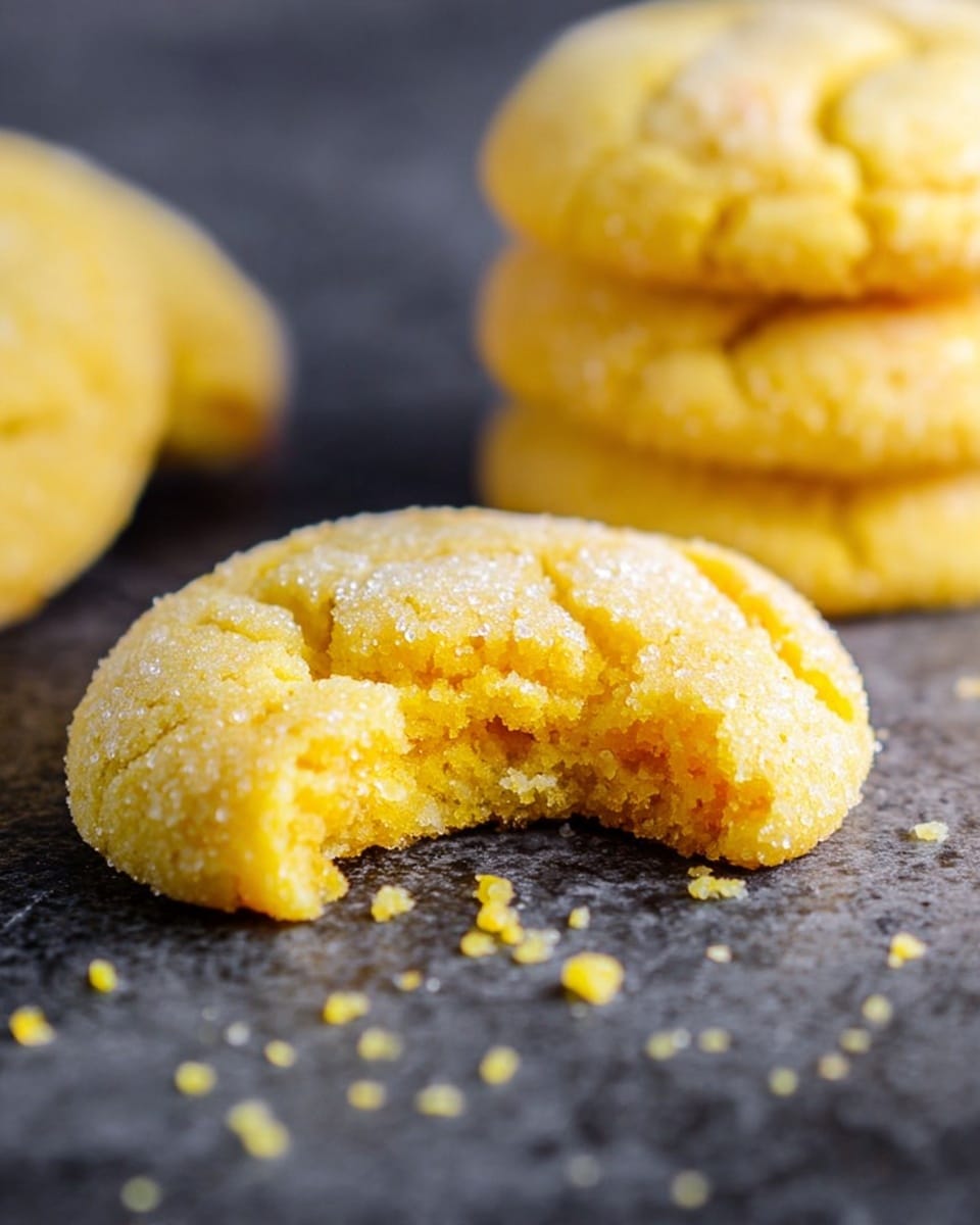 A close-up view of a single yellow cookie with a rough sugar-coated surface and cracks, with a bite taken out of the lower right side, showing a soft and crumbly inside textured with small crumbs scattered around it; behind it, a stack of two similar cookies is slightly blurred, and further back, two more cookies are partially visible on a dark stone surface, all with a warm yellow color. Photo taken with an iphone --ar 4:5 --v 7