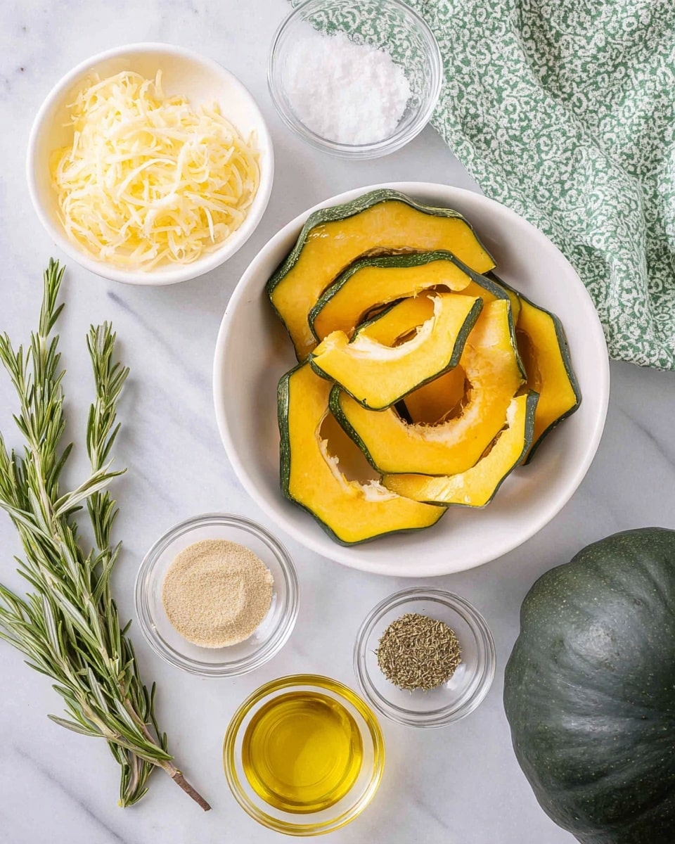 A white bowl holds several slices of acorn squash with green edges and bright yellow flesh arranged in overlapping layers. To the left, a small white bowl is filled with light yellow shredded cheese curls, and fresh green rosemary sprigs lie below it on a white marbled surface. Near the bottom, a small white bowl contains golden olive oil, with two clear glass bowls next to it holding beige powder and mixed dried herbs respectively. Below, there are two more clear bowls filled with white coarse salt and pepper. A dark green whole acorn squash and a green and white patterned cloth are in the top right corner. photo taken with an iphone --ar 4:5 --v 7