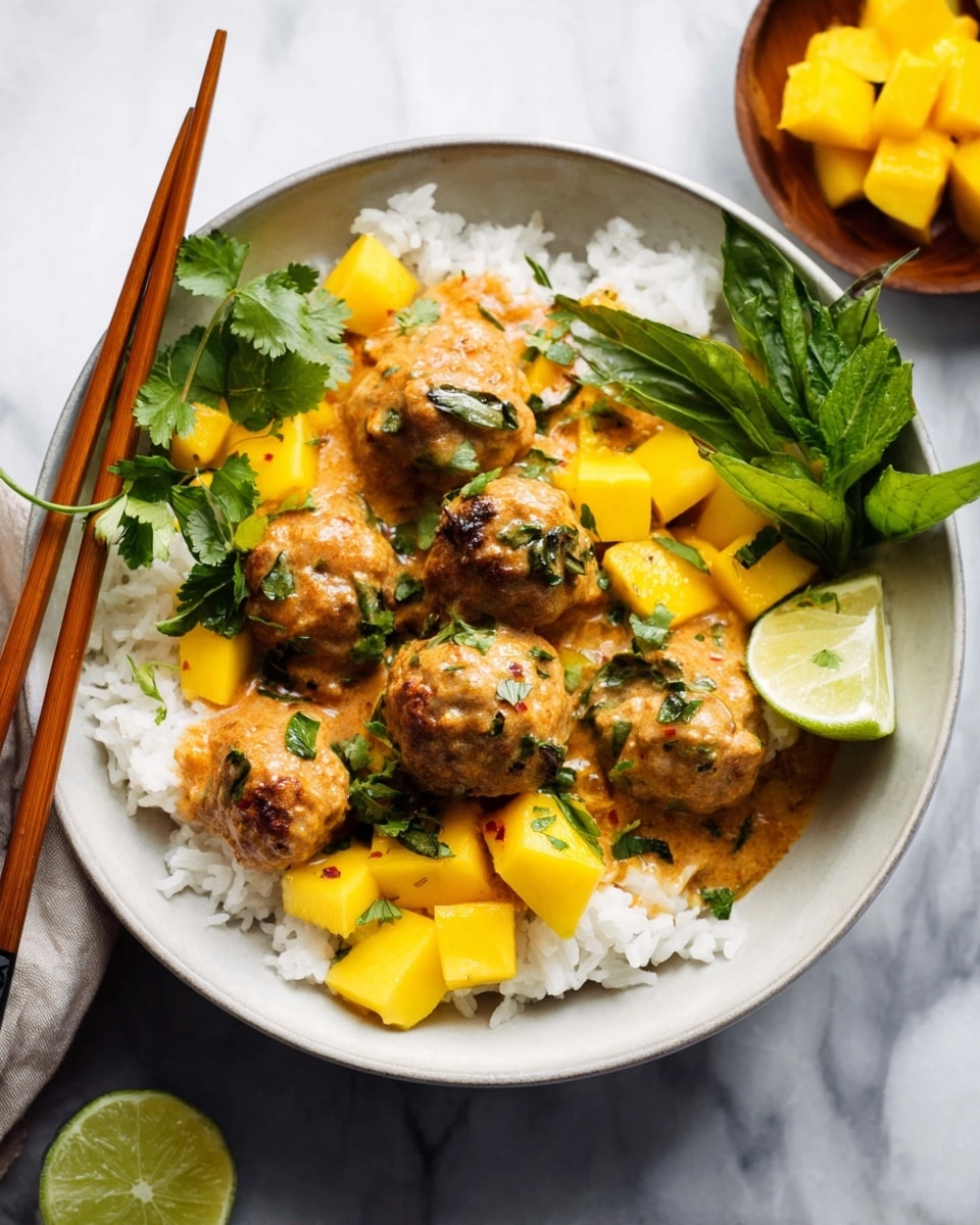 A silver pan filled with about ten round, golden brown meatballs, each sitting in a thick, orange-colored sauce with smooth texture and scattered green leaves, possibly herbs, mixed in. A wooden spoon rests inside the sauce among the meatballs. In the background, there is a wooden bowl filled with bright yellow mango cubes and more sliced mango pieces arranged on a white marbled surface. The setting has a bright and fresh feel to it, showing a rich and creamy dish. photo taken with an iphone --ar 4:5 --v 7