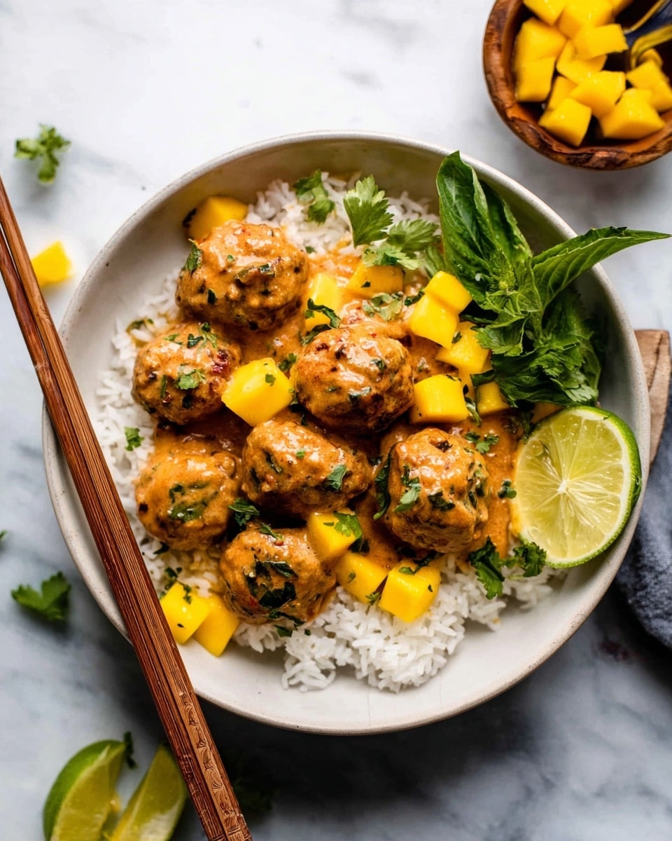 This image shows a white bowl with three main layers: the bottom is white rice with a light, soft texture, the middle layer has small bright yellow mango cubes scattered throughout, and the top layer consists of several brown meatballs covered in a light orange sauce with green herbs mixed in. Fresh green herbs and small green leaves are scattered on top, adding color and texture. There is a woman's hand holding wooden chopsticks picking up the food. Around the bowl on a white marbled surface, there is a round wooden bowl filled with yellow mango cubes, a lime cut in half, and pieces of mango and fresh herbs. photo taken with an iphone --ar 4:5 --v 7
