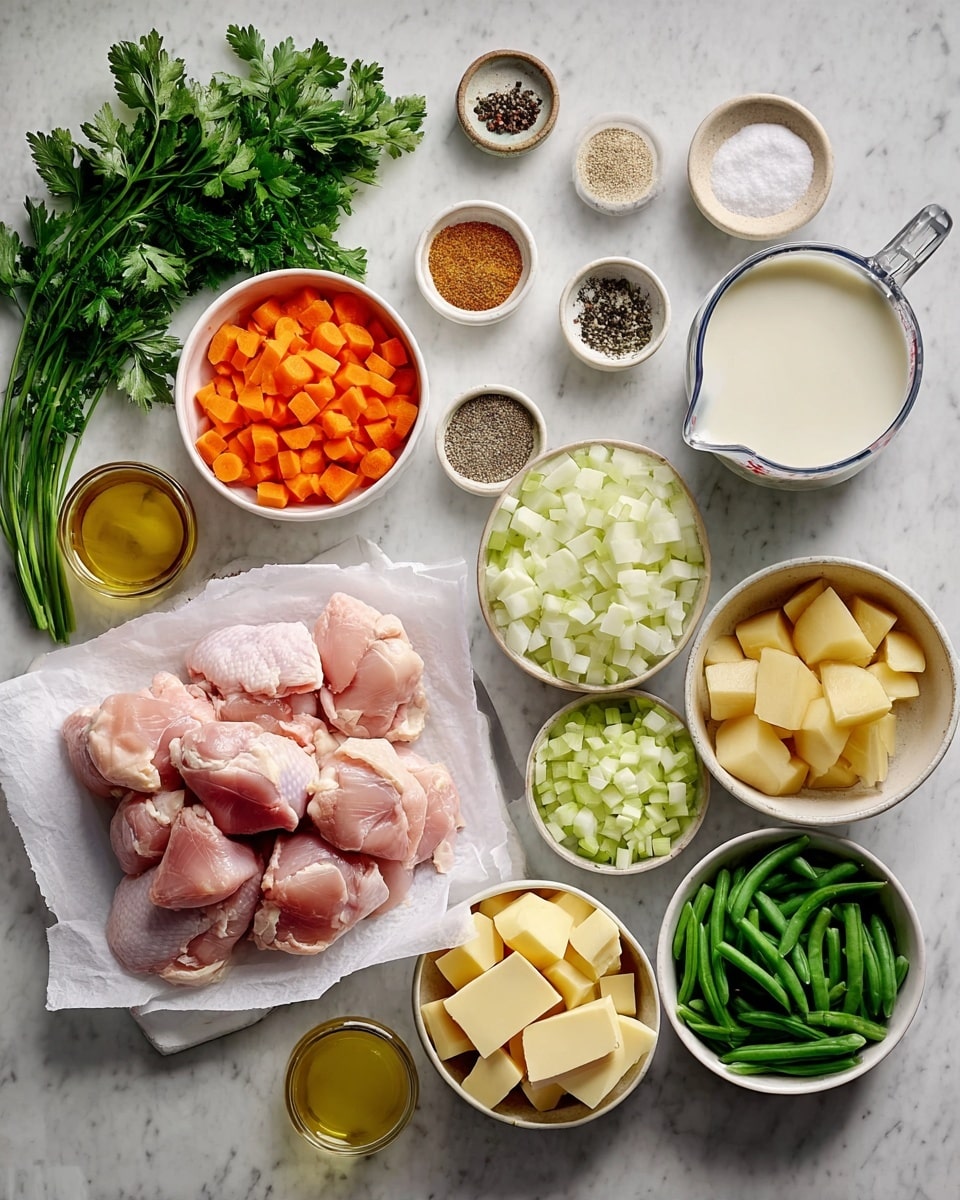 The image shows raw ingredients laid out on a white marbled surface, centered around a stack of raw pink chicken pieces resting on white parchment paper. Surrounding the chicken are multiple small white bowls filled with chopped orange carrots, chopped white onions, diced pale yellow potatoes, and sliced green celery. There is also a bowl of green beans, a measuring cup filled with white milk, and a small bowl of white flour. Near the top, there are small dishes with different spices in shades of black, white, red, and green. On the left side, there is a bunch of fresh green parsley, a white bowl with pale yellow butter cubes, a jar of light brown broth, minced garlic in a small brown bowl, and a small bowl with golden liquid, possibly oil. The overall setup is neat with a variety of colors and textures that suggest preparation for a hearty meal. Photo taken with an iphone --ar 4:5 --v 7