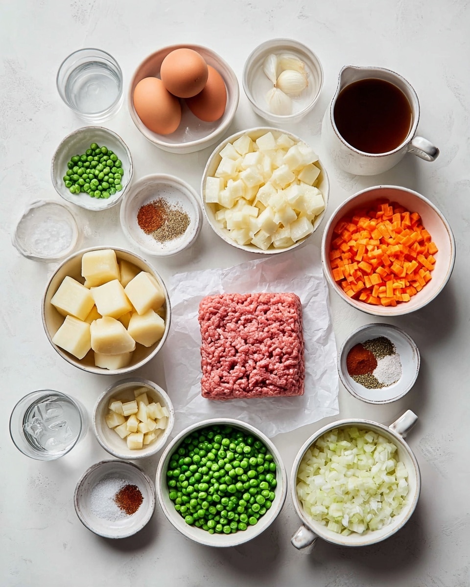 The image shows a flat lay of various cooking ingredients arranged neatly on a white marbled surface. At the center is a square block of pink ground meat on white parchment paper. Surrounding it are bowls of diced white potatoes, cubed butter, finely chopped white onions, chopped celery, shredded orange carrots, and bright green peas. Two brown eggs sit near the top. Small dishes hold minced garlic, mixed spices in shades of brown and red, salt, and black pepper. There is also a cup filled with a dark brown liquid and a glass of ice water nearby. All bowls are white, and the arrangement is clean and organized to showcase each ingredient clearly. photo taken with an iphone --ar 4:5 --v 7