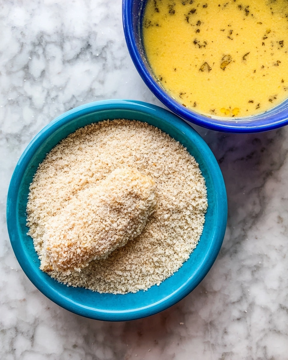 A blue bowl filled with coarse, light beige breadcrumbs has a single piece of food being coated in the crumbs, showing a rough and crunchy texture covering it evenly; next to it on the right side, there is a blue bowl with beaten yellow egg mixture that has dark green spots in it; both bowls are placed on a white marbled surface. photo taken with an iphone --ar 4:5 --v 7