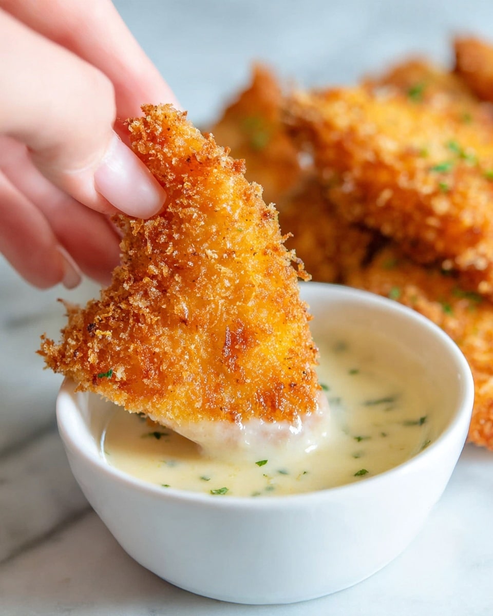 A woman's hand holds a triangular piece of golden, crispy fried food covered with crunchy crumbs being dipped halfway into a small white bowl filled with creamy light beige sauce with visible herbs. More pieces of the fried food are blurred in the background, resting on a white marbled surface. The colors are warm, highlighting the crunchy texture and creamy sauce. Photo taken with an iphone --ar 4:5 --v 7