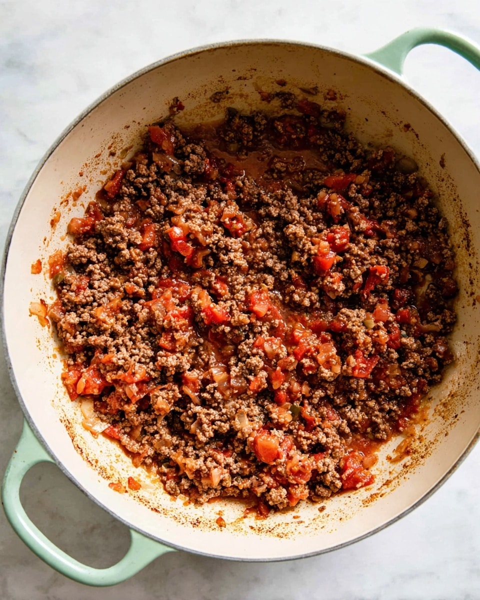 Inside a light green cast iron pot with two handles, there is one layer of cooked ground beef mixed with small chunks of cooked tomatoes and minced onions. The mixture has a crumbly and slightly moist texture, with dark brown and reddish colors scattered evenly. The inner surface of the pot shows some browned bits and a bit of oil residue. The pot is on a white marbled surface. photo taken with an iphone --ar 4:5 --v 7