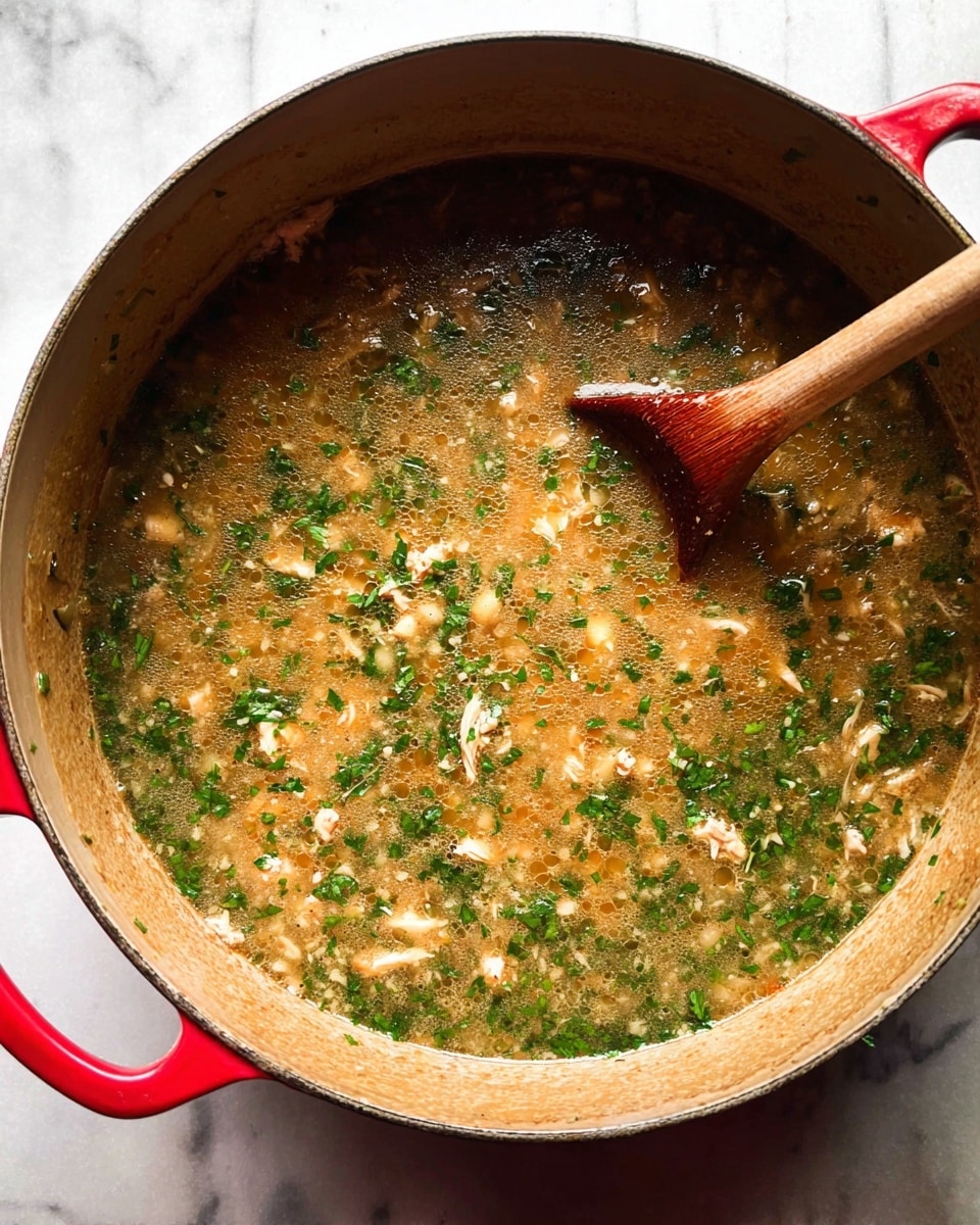 A close-up view of a red pot filled with a thick soup or stew, showing a mix of small pale pieces of cooked meat and finely chopped bright green herbs scattered throughout the light brown liquid base. A wooden spoon with a reddish-brown handle is resting inside the pot, stirring the mixture. The pot sits on a white marbled surface. photo taken with an iphone --ar 4:5 --v 7