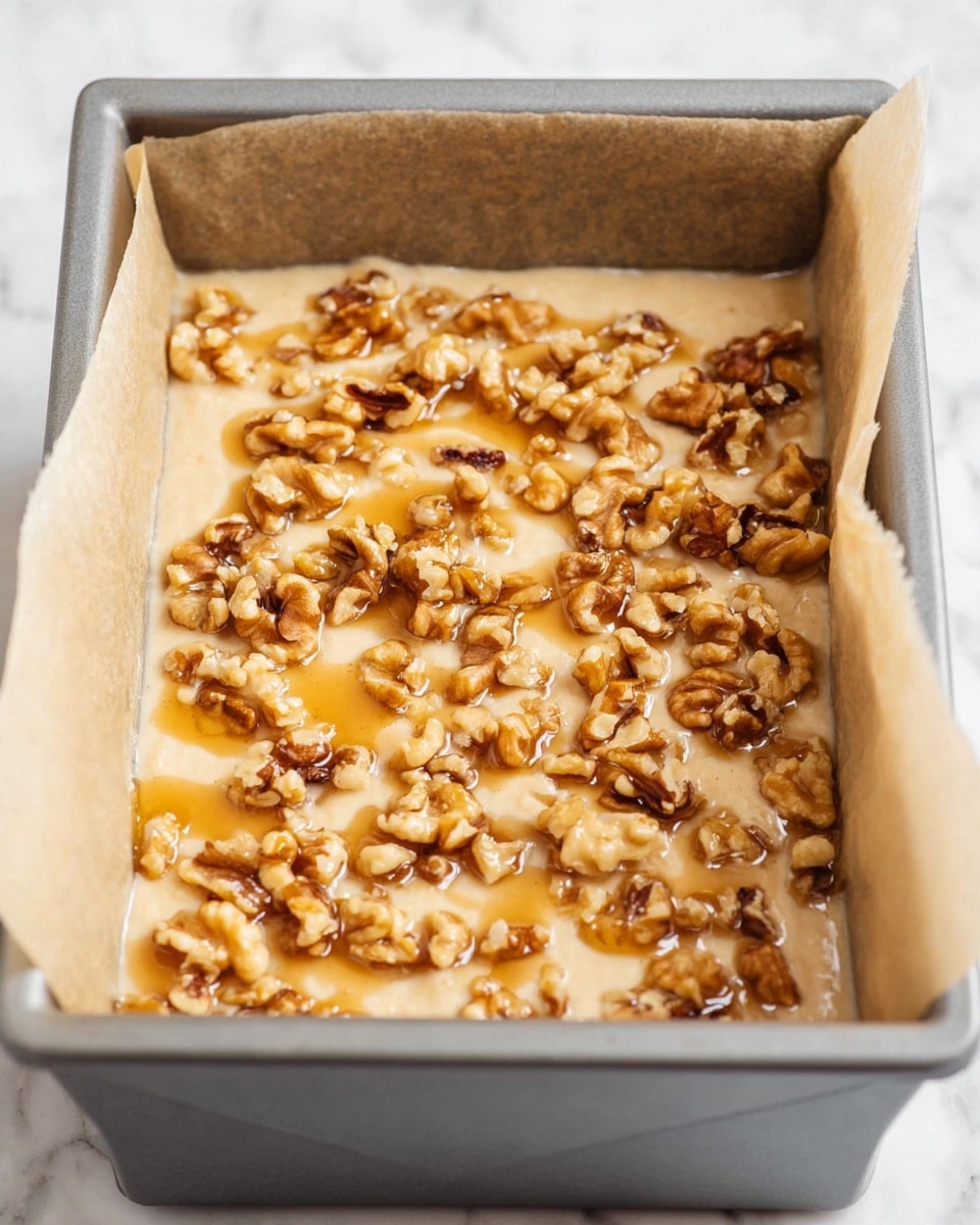 Inside a grey baking pan lined with parchment paper, there is a creamy beige batter topped with an even layer of chopped walnuts in various shades of brown. The walnuts are scattered across the surface and lightly covered with a shiny drizzle of golden caramel sauce. The pan sits on a white marbled surface. The image is close-up, focusing on the textured nuts and smooth batter beneath, showing the contrast between the soft batter and crunchy walnuts photo taken with an iphone --ar 4:5 --v 7