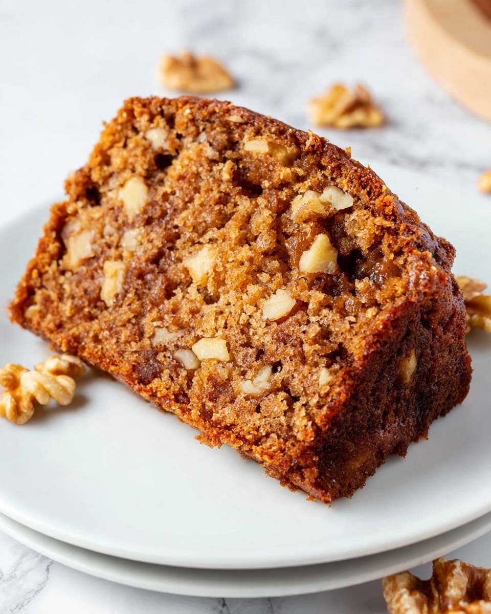 The image shows a close-up of a single slice of moist, brown cake with a rough texture full of large nut pieces, placed on a simple white plate. The cake slice has a slightly darker brown crust around its edges and is thick with visible walnuts embedded throughout, giving it a dense and chunky look. The white plate sits on a white marbled surface, and some extra whole walnut pieces are scattered around the plate. photo taken with an iphone --ar 4:5 --v 7
