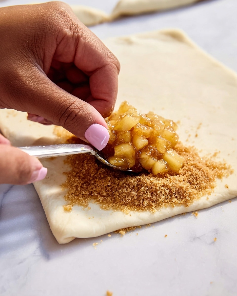 A close-up view shows a white square dough piece on a white marbled surface, with a layer of coarse brown sugar sprinkled near the bottom center. Above the sugar, there is a spoonful of small, golden-yellow fruit pieces mixed with light brown spices being gently lowered by a woman's hand with pink-painted nails. The dough looks soft and slightly thick, and the scene captures the moment just before the fruit filling is fully placed on the dough. Photo taken with an iphone --ar 4:5 --v 7