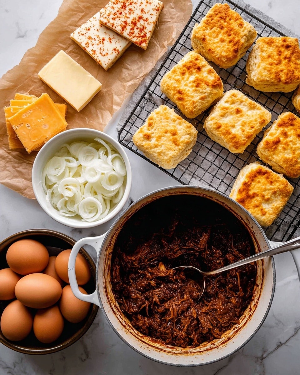 A white pot filled with dark brown shredded meat sits at the bottom center of the image, with a metal spoon resting inside. To the top right, there is a black cooling rack holding twelve pieces of golden brown biscuits with a crispy textured top. Above the pot and biscuits, there is a white bowl filled with thinly sliced white onions. To the top left, slices of different cheeses with light yellow, orange, and speckled red colors are arranged on a piece of brown parchment paper. On the left side of the pot, a dark bowl contains ten brown eggs. The whole scene is set on a white marbled surface, showing a well-lit and organized kitchen setup. Photo taken with an iphone --ar 4:5 --v 7