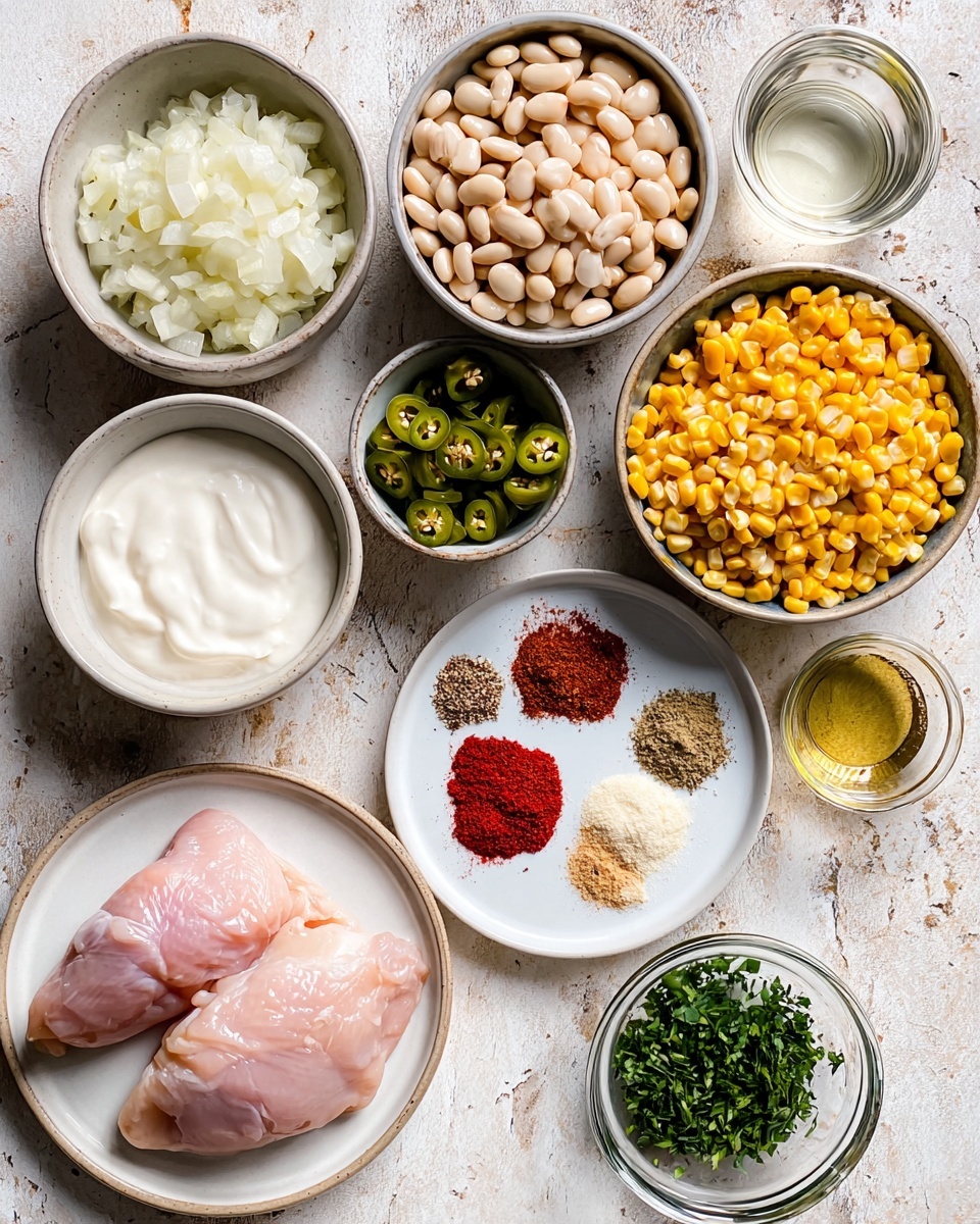 The image shows several small white bowls and plates arranged on a white marbled surface, each holding a different ingredient. There are two raw light pink chicken pieces on a white plate in the lower left. Above the chicken, there is a bowl filled with chopped white onions, next to a larger bowl of white beans, and another bowl filled with bright yellow corn kernels to the right. A small bowl with chopped green jalapeños sits nearby, along with a glass containing white liquid. Below the jalapeños, there is a bowl of thick white cream. In the center is a white plate with five colorful spices: red chili powder, dried green herbs, black pepper, light brown powder, and fine red powder. Lastly, a small clear bowl of chopped green cilantro and a small glass bowl of minced garlic are placed on the right. A small liquid container with olive oil completes the scene. Photo taken with an iphone --ar 4:5 --v 7