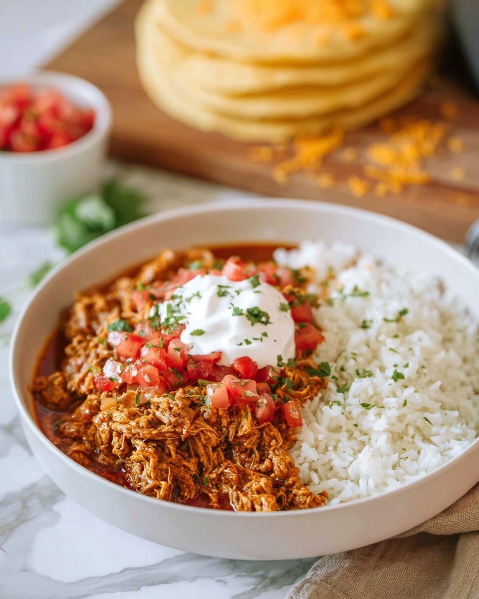 A white round shallow bowl contains two main parts: on the right side, there is a mound of white rice with a fluffy texture, and on the left side is a layer of shredded meat mixed with a rich, reddish-brown sauce. The meat layer is topped with chopped red tomatoes and small bits of green herbs, along with a dollop of white sour cream placed in the center. In the background, there is a blurred wooden board with stacked yellowish tortillas, some orange crumbs, and a small bowl of diced red tomatoes. The overall setting is on a white marbled surface. Photo taken with an iphone --ar 4:5 --v 7