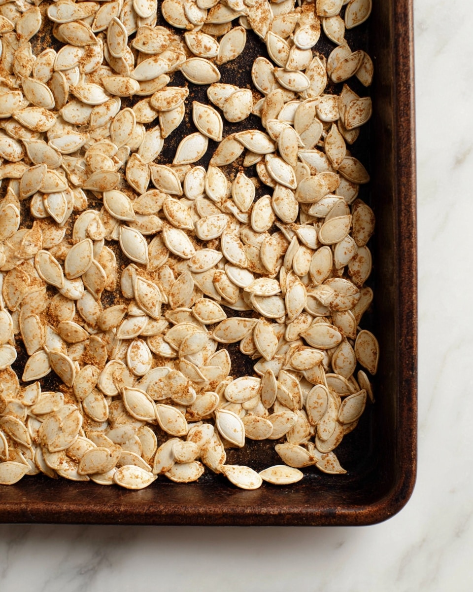 A close-up view of a dark brown baking tray filled with a single layer of pumpkin seeds scattered unevenly. The seeds are light beige in color, some with a light brown dusting of seasoning and slight darker spots from roasting. The tray sits on a white marbled surface, showing the texture of the seeds and tray clearly. photo taken with an iphone --ar 4:5 --v 7