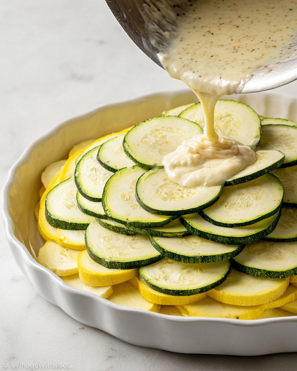 A white dish filled with two layers of thinly sliced zucchini and yellow squash arranged in a circle, alternating between green-edged zucchini and yellow-edged squash, showing seeds and soft textures. On top, a thick creamy sauce with a pale yellow color and specks is being poured from a silver pan into the dish. The background is a white marbled surface. photo taken with an iphone --ar 4:5 --v 7