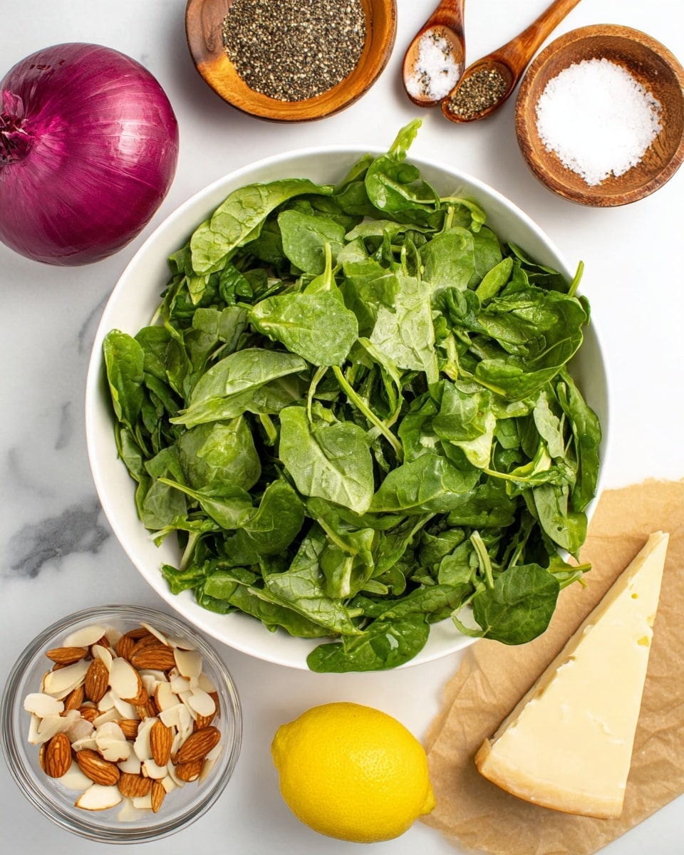 A large white bowl filled with fresh green leafy spinach and arugula leaves, showing a mixture of both smooth and slightly jagged textures, fills the center of the image. Surrounding the bowl on a white marbled surface are several ingredients: a whole red onion with shiny, smooth purple skin on the left, a small clear bowl filled with sliced almonds at the bottom left, a ripe yellow lemon at the bottom center, and a triangular piece of pale yellow cheese resting on brown parchment paper at the bottom right. At the top, two wooden bowls sit side by side, one filled with coarse white salt and the other with ground black pepper, each with a small wooden spoon inside. The colors are vibrant and natural, and the textures range from leafy and soft to solid and granular, photo taken with an iphone --ar 4:5 --v 7