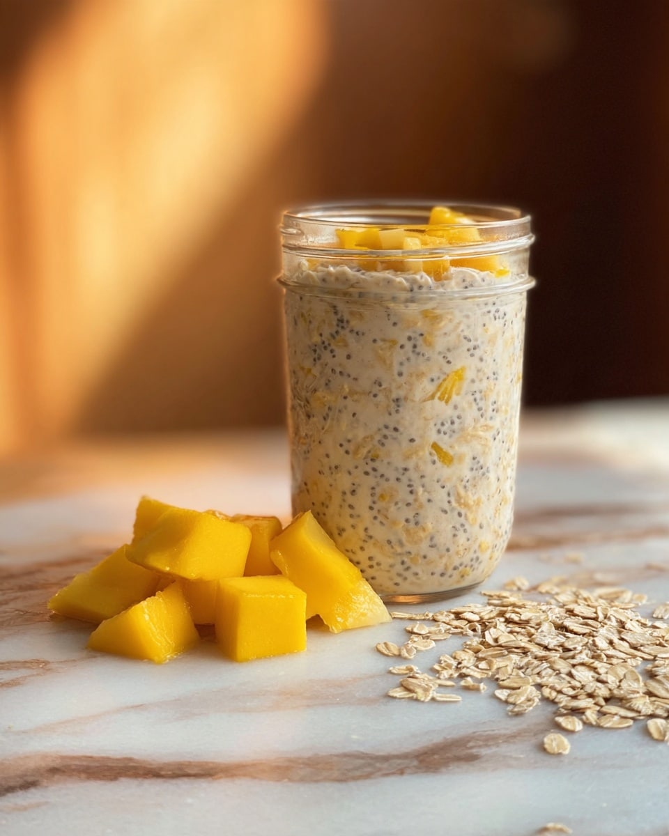 The image shows a clear glass jar filled with a mix of creamy oatmeal and chia seeds, marked by small black chia dots spread evenly throughout. Inside the jar, visible chunks of yellow mango pieces are mixed in, adding bright spots within the creamy beige oatmeal. In front of the jar, there are several yellow mango chunks resting on a white marbled surface, along with scattered oats nearby. The background is softly blurred with warm tones, emphasizing the jar and mango pieces. photo taken with an iphone --ar 4:5 --v 7
