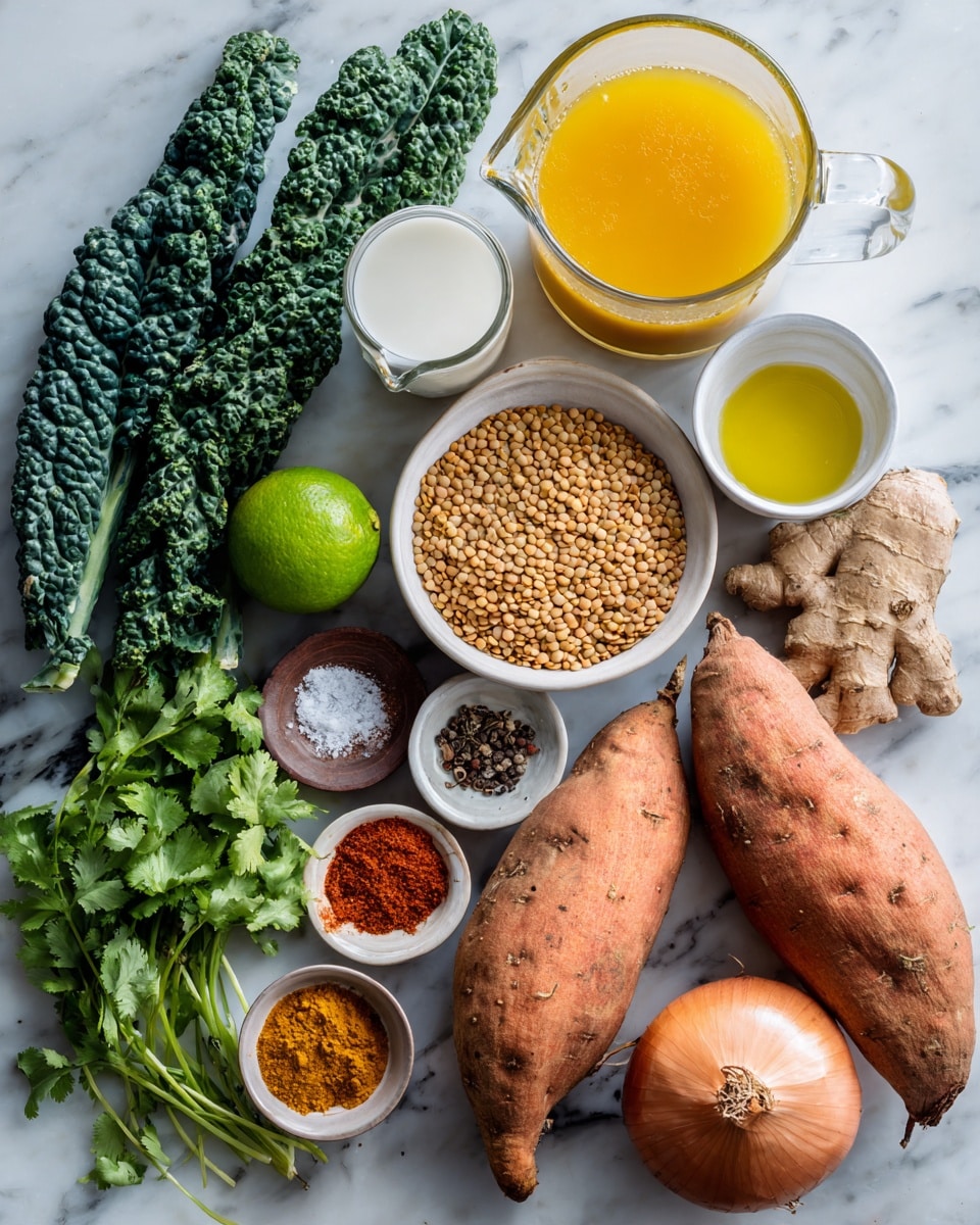 A top view of various fresh ingredients arranged on a white marbled surface, including two large orange sweet potatoes placed near the bottom left, dark green curly kale leaves on the far left, and a bunch of leafy cilantro with bright green stems near the bottom center. A whole brown onion is placed on the bottom right. Above the onion are small white bowls containing brown cumin powder, bright yellow turmeric, red pepper flakes, cinnamon, and coriander powder, neatly lined up. In the center is a white bowl filled with small round tan lentils. Above and to the right, a glass measuring cup holds orange-yellow vegetable broth, and next to it is a clear glass cup filled with white coconut milk. A small bowl with golden olive oil is near the top center, and a small brown bowl with salt and black pepper sits next to it. To the left near the top are a whole lime and a garlic bulb, and between the sweet potatoes and vegetable broth is a piece of light brown ginger root. The scene is evenly lit, showing clear textures and colors of each item. photo taken with an iphone --ar 4:5 --v 7