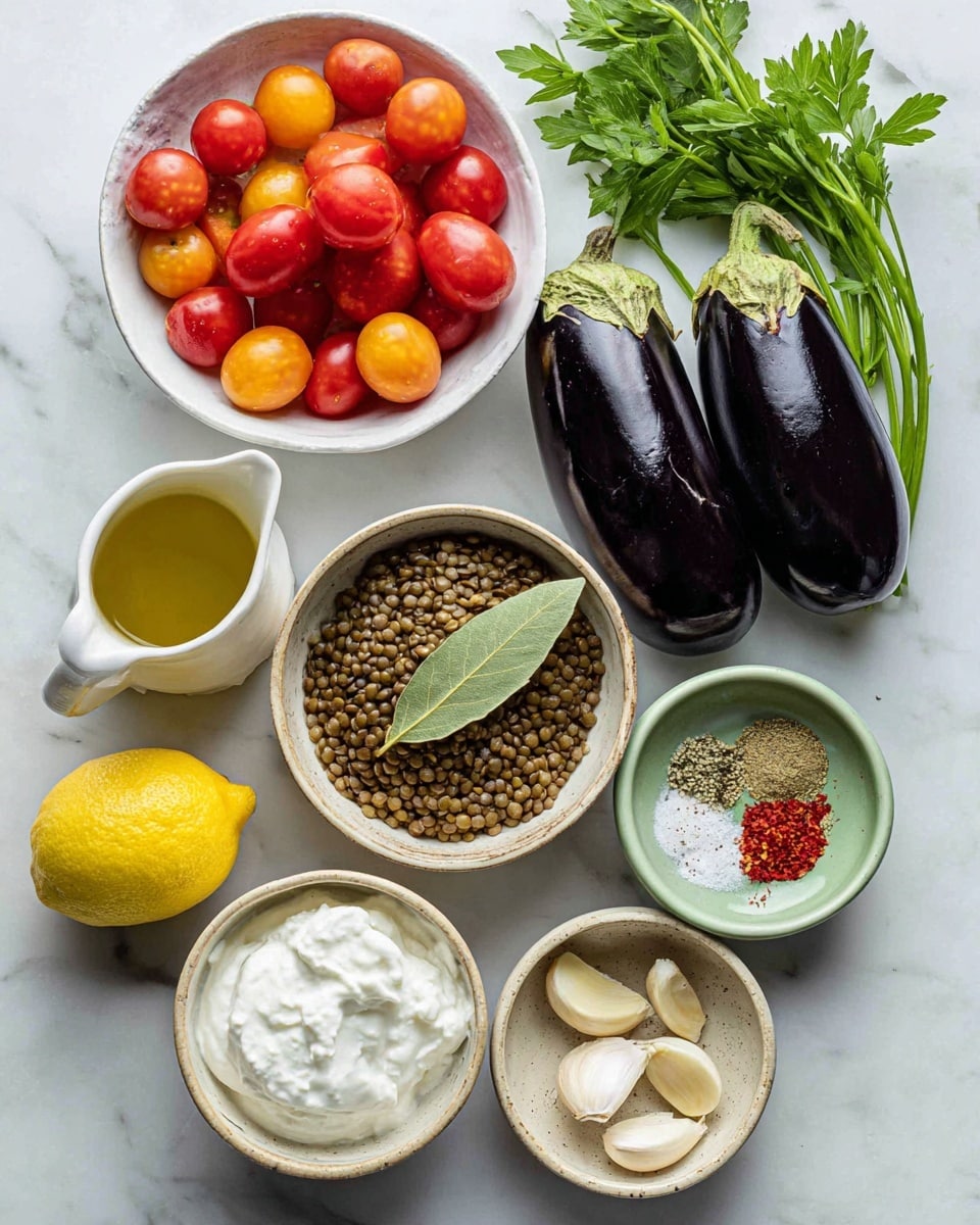 The image shows fresh ingredients arranged neatly on a white marbled surface. There are bright red and orange cherry tomatoes in a white bowl on the top left. On the right side, three glossy dark purple eggplants rest diagonally. A beige bowl filled with French lentils sits near the center, topped with a single bay leaf. Below that, a small white pitcher holds olive oil. To the right, there is a small green bowl with several peeled garlic cloves. Next to it is a beige bowl containing mixed seasonings, white salt, and red chili flakes. At the bottom left, half a bright yellow lemon is visible, and near it is a white bowl with thick, creamy Greek yogurt. Fresh green parsley leaves add contrast to the mix. The photo taken with an iphone --ar 4:5 --v 7