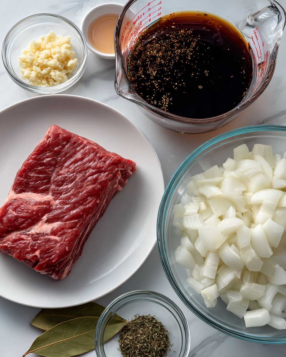 A white plate holds one large piece of raw red beef with visible marbling, placed near the bottom of the image. To the right, a clear glass bowl is filled with white sliced onions with a slightly translucent texture. Above the plate and bowl, a large clear glass measuring cup contains a dark brown liquid with tiny light spots on the surface. Around these main items are five smaller bowls: one transparent bowl with minced pale yellow garlic, a small white bowl with a light reddish liquid, a small white bowl with dried green herbs, and a small green bowl with a dark soy sauce-like liquid. Two dried bay leaves lie near the bottom left of the image, all set on a white marbled surface. Photo taken with an iphone --ar 4:5 --v 7