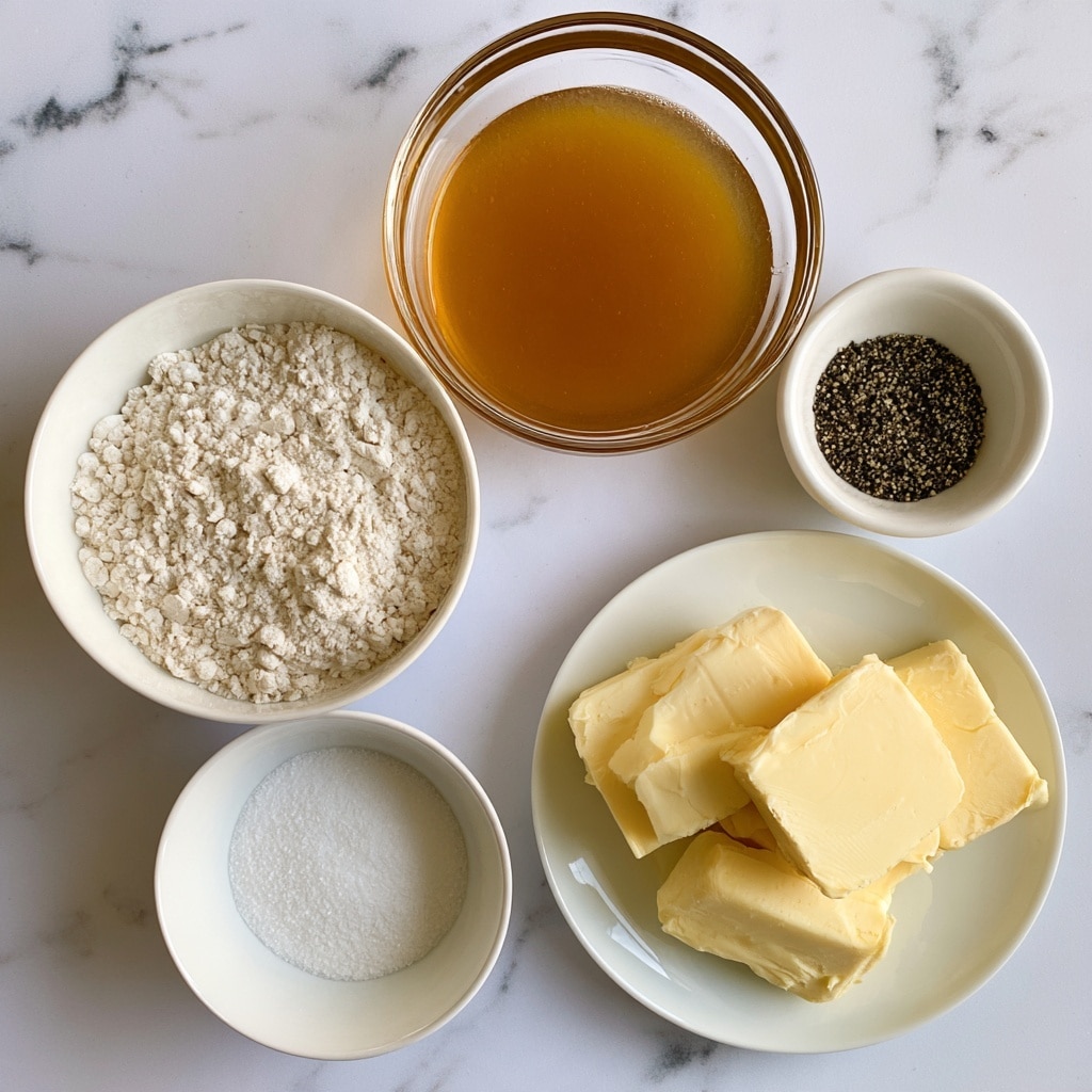 The image shows five white dishes on a white marbled surface. At the top center, there is a clear glass bowl filled with golden brown chicken broth. Below it, there is a white bowl filled with fine white flour on the left and a smaller white bowl with black pepper on the right. Below them sits a white bowl with white salt on the left and a white plate holding several thick pats of pale yellow butter on the right. The wood texture beneath the dishes has been changed to a white marbled texture. Each dish is clearly labeled with black text identifying its contents. photo taken with an iphone --ar 4:5 --v 7