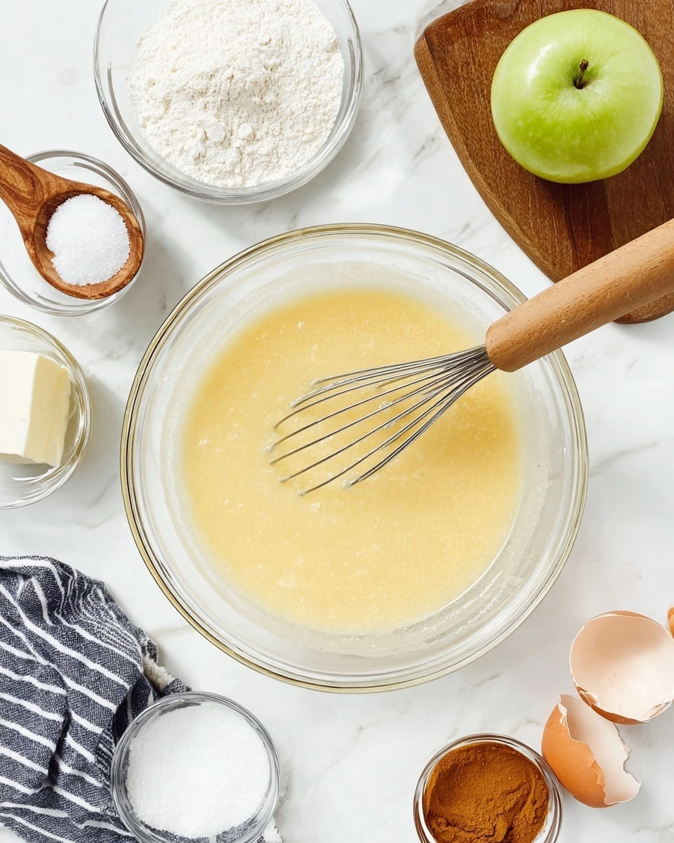 A clear glass mixing bowl holds a smooth pale yellow batter with a metal whisk resting inside that has a light wood handle extending out of the bowl. Around the bowl, on a white marbled surface, are several small clear glass bowls containing white flour, white powder, and light brown cinnamon powder. Next to the bowl, there is a wooden spoon holding white salt and a small square glass container with light cream butter. A whole green apple sits on a small wooden board in the upper right corner, and two cracked brown eggshells lie near the bowl's base. A navy and white striped kitchen towel is partly visible on the lower left side. The scene looks clean and bright. photo taken with an iphone --ar 4:5 --v 7
