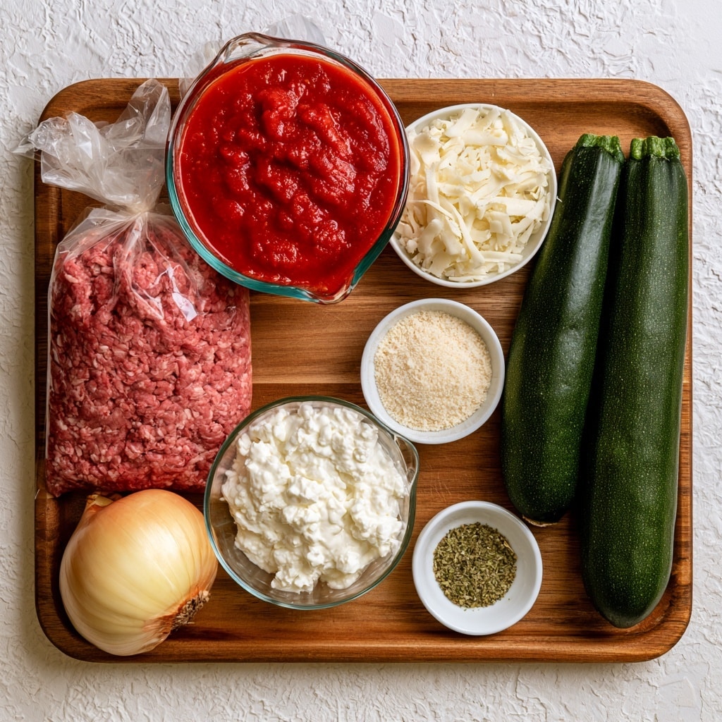 A wooden tray holds several ingredients for a meal, arranged neatly. On the left side, there is a whole yellow onion at the bottom, and above it, a clear plastic bag filled with ground beef. Next to the bag is a clear glass measuring cup filled with bright red spaghetti sauce at the top center. Below the sauce, a clear glass cup is filled with white cottage cheese. To the right of the cottage cheese, there is a small white bowl filled with finely grated Parmesan cheese, and above that is another white bowl filled with shredded mozzarella cheese. On the far right, two dark green zucchinis lie side by side. Below the zucchinis is a small white dish with Italian seasoning, showing a mix of dried green herbs. The tray sits on a white marbled textured surface. Photo taken with an iphone --ar 4:5 --v 7