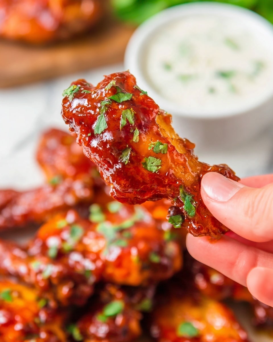 A close-up view of a single glazed chicken wing held by a woman's hand, showing a shiny, thick reddish-orange sauce coating with small pieces of green herbs sprinkled on top; in the background, there is a white bowl with a creamy white dip and more chicken wings with the same sauce, all placed on a white marbled textured surface. Photo taken with an iphone --ar 4:5 --v 7