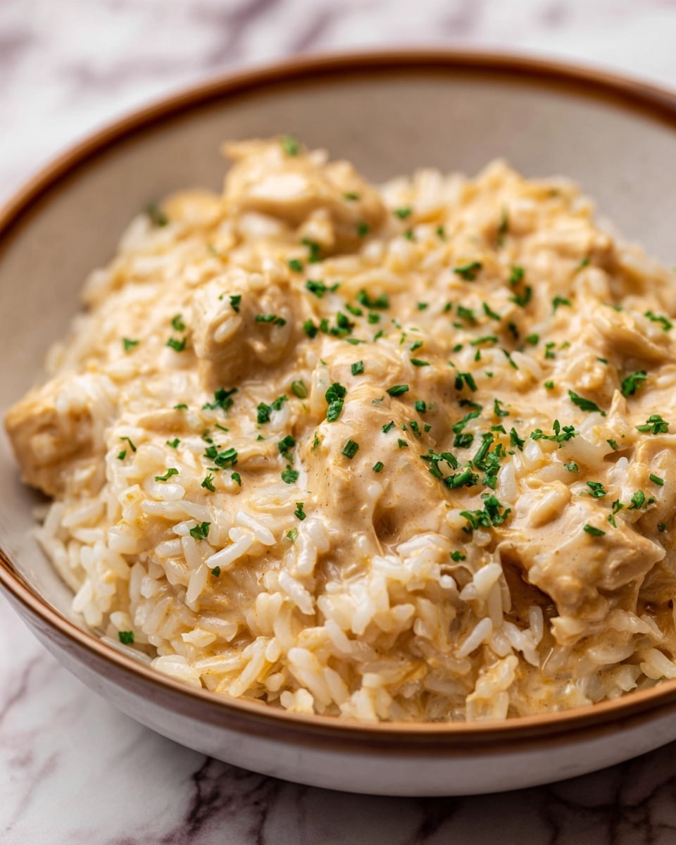 A close-up view of a creamy rice dish in a white bowl with a thin gold rim. The thick rice mixture is light brown and speckled with small, shredded pieces of tender chicken mixed throughout. Small green parsley flakes are scattered on the top as garnish, adding a touch of color contrast to the creamy texture. The bowl sits on a white marbled surface with part of a red and white cloth visible in the background. photo taken with an iphone --ar 4:5 --v 7