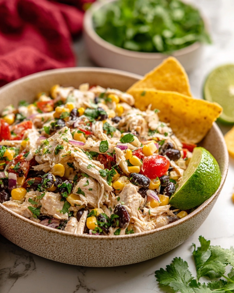 A close-up of a textured beige bowl on a white marbled surface filled with a colorful salad consisting of shredded white chicken mixed with bright yellow corn, black beans, chopped red onions, diced red tomatoes, and green cilantro sprinkled on top. A wedge of fresh lime rests near the edge inside the bowl, and a large tortilla chip stands upright on the right side of the salad. In the blurred background, there is a white bowl with green leafy herbs and some loose cilantro leaves scattered around, with a red cloth partially visible on the left side. photo taken with an iphone --ar 4:5 --v 7