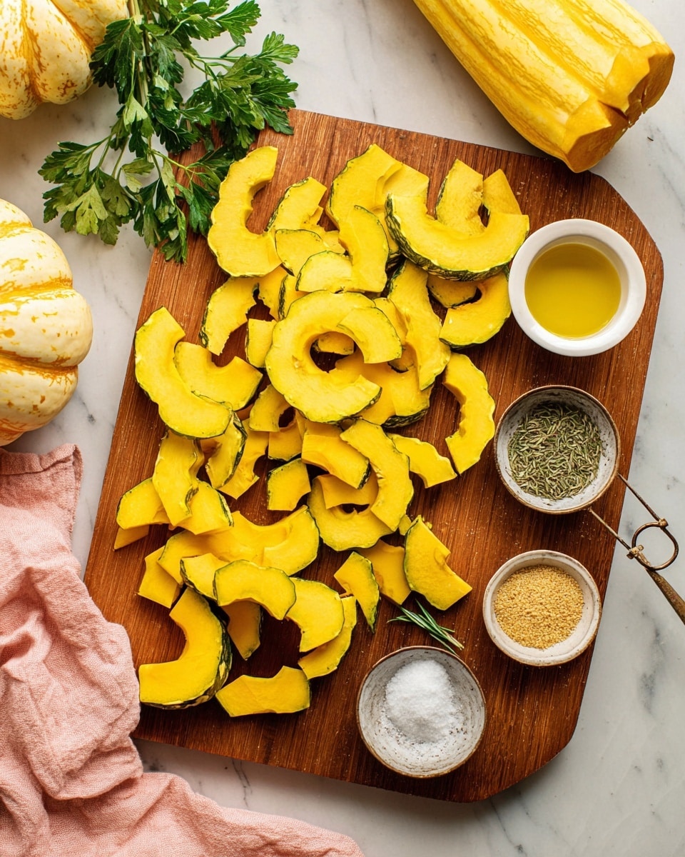 Many bright yellow pieces of sliced squash with green skin edges are spread on a wooden cutting board. On the top right area of the board, a small white round bowl holds three piles of dry ingredients: dried green rosemary, light brown granules, and white salt. Next to this bowl, a small rustic metal measuring cup contains yellow flakes. A small white ceramic cup filled with light golden oil sits beside the measuring cup. To the top left, green parsley leaves rest on the board, and partly visible whole yellow squashes are on the white marbled surface. A soft pink cloth is placed at the bottom left corner of the image. Photo taken with an iphone --ar 4:5 --v 7