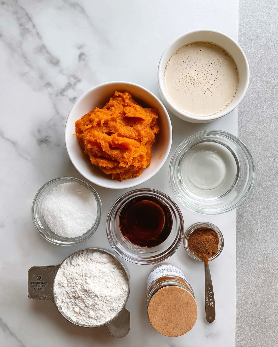 The image shows a top view of seven ingredients arranged neatly on a white marbled surface. In the center top, there is a small white bowl filled with bright orange pumpkin puree that has a smooth, slightly chunky texture. To its right, a white bowl contains light beige milk with tiny bubbles on the surface. Below the pumpkin puree, a small clear glass bowl holds dark amber vanilla extract. To the right of the vanilla, a similar clear glass bowl has transparent liquid, possibly oil. On the left side of the pumpkin, a clear glass bowl with white powder, likely salt and baking powder, sits next to a small glass jar of brown pumpkin pie spice with a wooden lid. At the bottom left, a metal measuring cup is filled with white flour, and to its right, a smaller metal measuring spoon contains a fine, dark brown spice. All elements are clearly separated, showing their distinct colors and textures. photo taken with an iphone --ar 4:5 --v 7