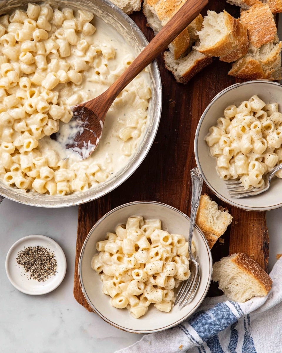 A close-up view of a creamy pasta dish with small tube-shaped pasta coated in thick white sauce, filling a large silver pan on the left. A wooden spoon rests in the pan, partially covered with sauce. Two white bowls with a rim, one at the bottom center and one on the right side, hold servings of the pasta, with one bowl featuring a silver spoon inside. Scattered around are pieces of torn bread placed on a medium brown wooden board that sits on a white marbled surface. In the bottom left corner, a small white dish contains ground black pepper. A white linen with blue stripes peeks from under the wooden board. Photo taken with an iphone --ar 4:5 --v 7