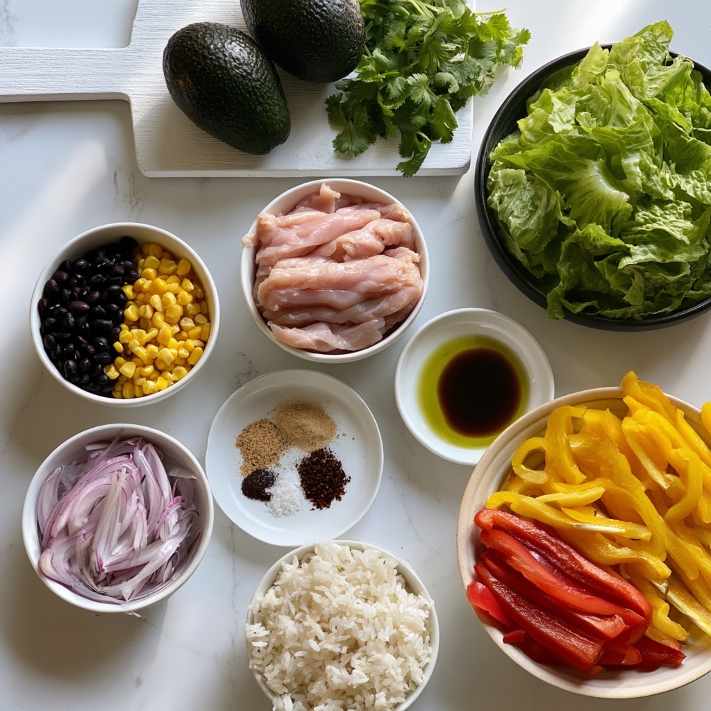 A top-down view of a white marbled surface with small white bowls placed around. One bowl holds black beans and yellow corn side by side, another bowl contains raw pale pink chicken strips, and a third bowl has thinly cut purple shallots. A white plate shows a mix of light brown, dark red, and white spices in small piles. There is a bowl with cooked white rice, and another bowl with sliced bell peppers in bright yellow and red colors. A round black bowl is filled with chopped green romaine lettuce leaves. Near the top are two whole dark green avocados and fresh green cilantro on a white wooden board. Two small white dishes hold golden olive oil and dark brown coconut aminos. The scene is bright and clean with natural light. Photo taken with an iphone --ar 4:5 --v 7
