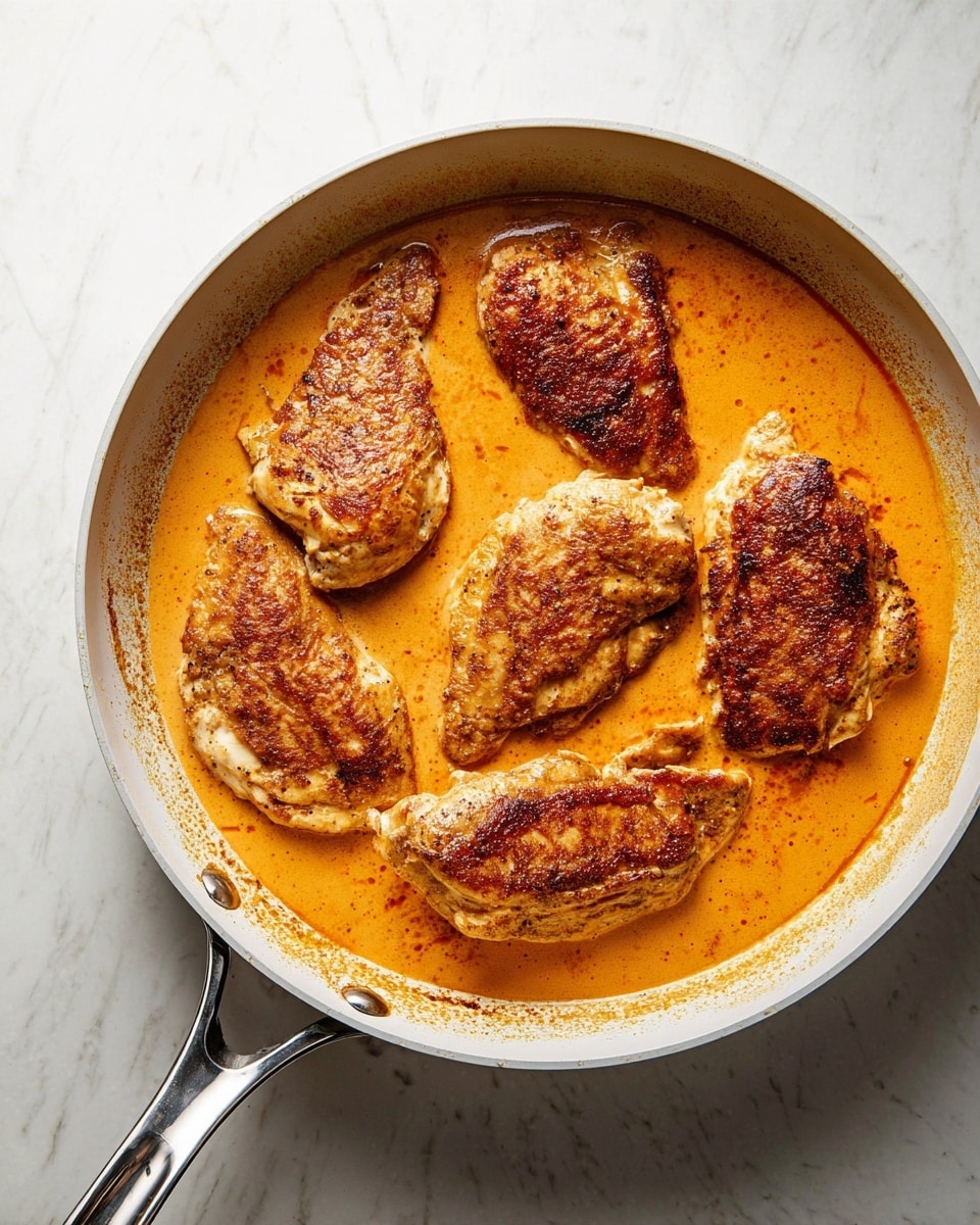 A white pan holds five pieces of lightly browned chicken arranged in a circular pattern, sitting in a thick, smooth orange sauce that fills the pan's bottom. The chicken has crispy, golden-brown edges with a slightly textured surface showing the cooking marks. The pan's handle shines with stainless steel, resting on a white marbled surface that adds a clean background to the scene. photo taken with an iphone --ar 4:5 --v 7