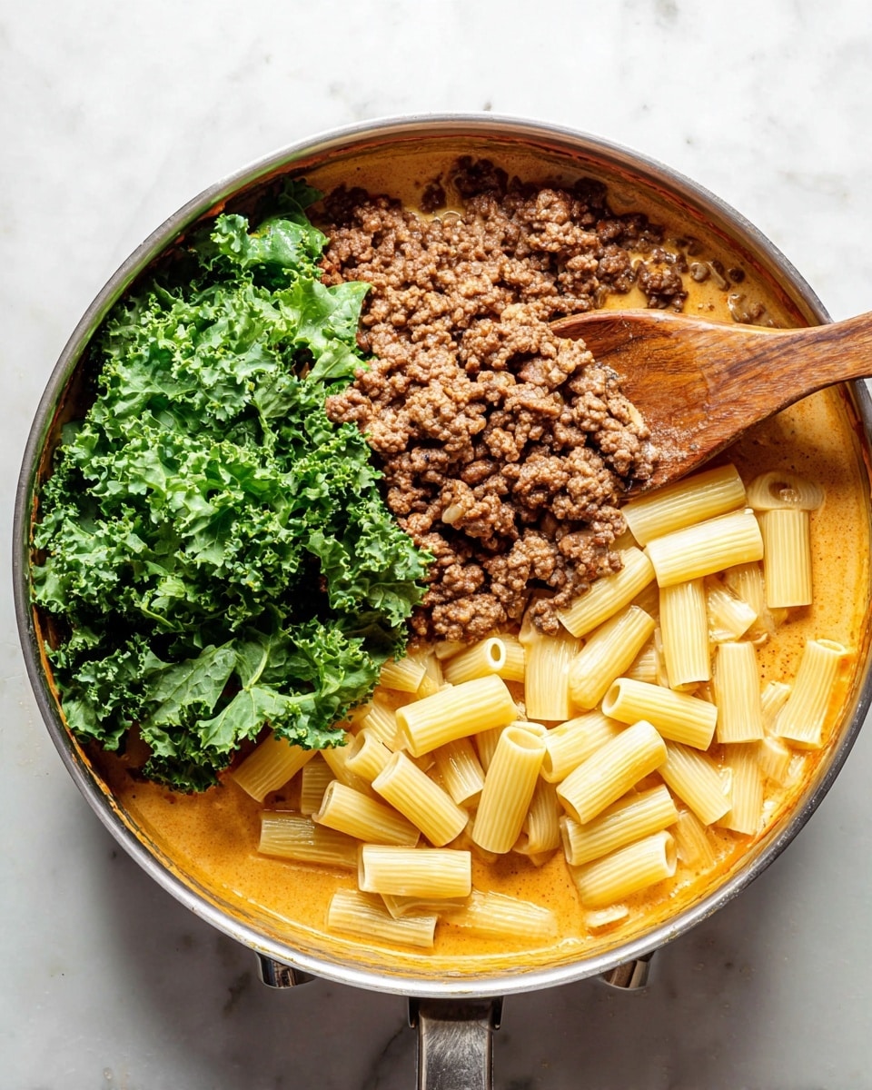 The image shows a cooking pan filled with four main layers of food, placed on a white marbled surface. The bottom layer is a creamy orange sauce that partially covers the pan. On top of the sauce, there is a layer of uncooked, pale yellow pasta tubes. Above the pasta, there is a generous portion of browned ground meat with a coarse texture. Finally, fresh green leafy kale is placed on one side of the pan, next to the meat and pasta. A wooden spoon rests inside the pan on the left side, touching the sauce. The pan itself is metallic with two handles. Photo taken with an iphone --ar 4:5 --v 7