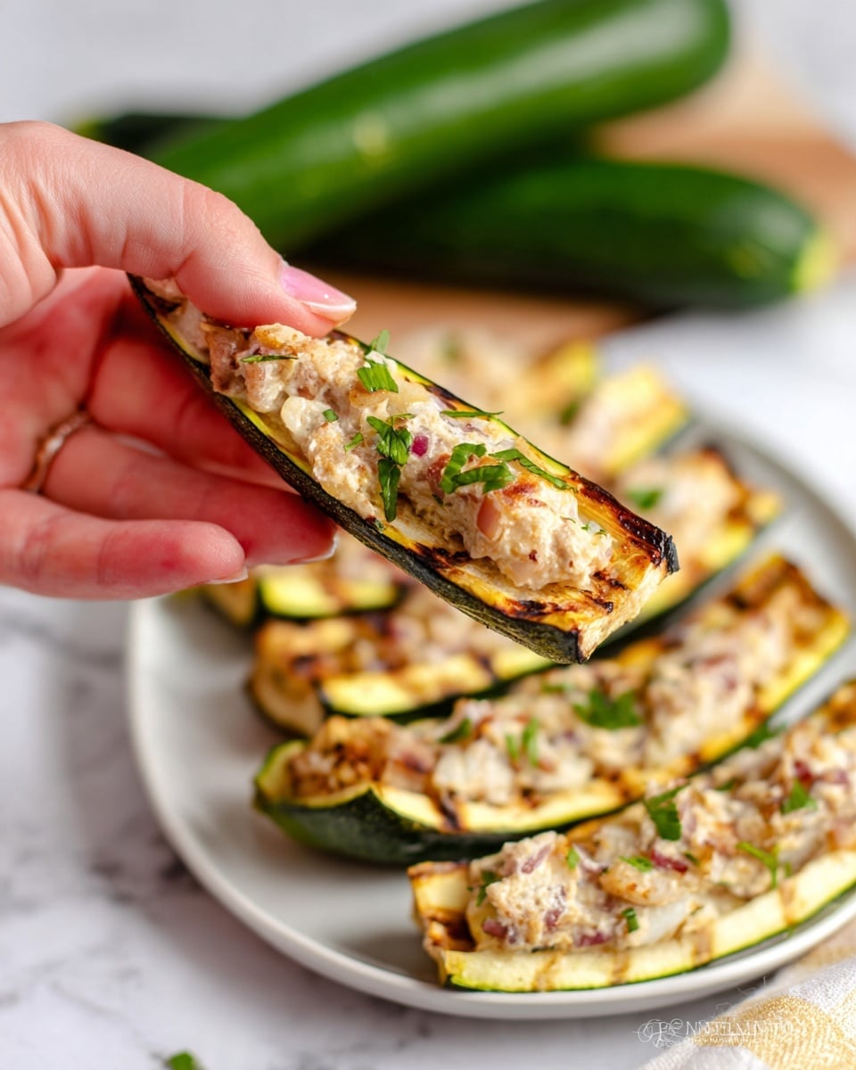 A close-up shows a woman's hand holding one piece of stuffed zucchini boat, revealing two layers: the outer layer of thin grilled zucchini slices with slightly browned edges, and the inner filling that is beige with chopped white and purple bits, garnished with small pieces of fresh green herbs. On a white plate below, there are several similar stuffed zucchini boats arranged in layers, set on a white marbled surface. In the background, two whole zucchinis lie flat, showing their green skin and light yellow inside. photo taken with an iphone --ar 4:5 --v 7