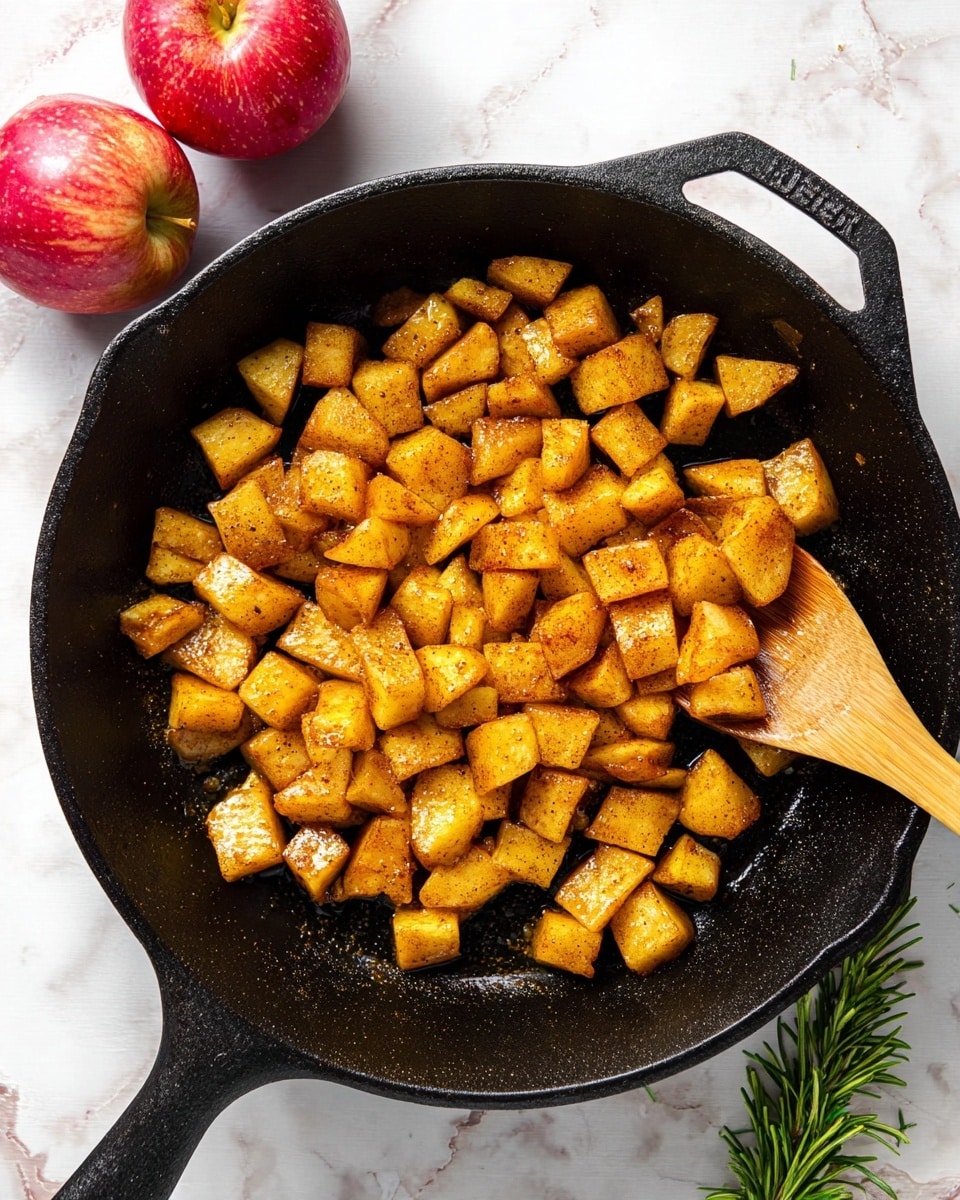 The image shows a black cast iron pan filled with small, golden-brown cubes of cooked apples, coated evenly with a light layer of cinnamon and spices. A wooden spoon rests inside the pan, partially lifting some apple cubes, revealing their slightly soft texture. The pan sits on a white marbled surface with two red apples nearby and a small sprig of green rosemary at the edge. The light highlights the glossy, warm tones of the cooked apples, making them look tender and flavorful. Photo taken with an iphone --ar 4:5 --v 7