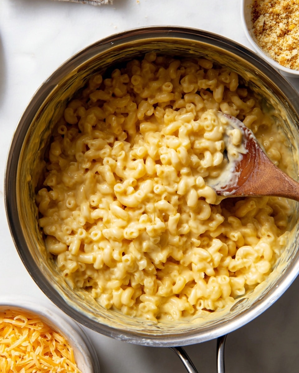 A close-up view of a metal pot filled with creamy, yellow mac and cheese made of curly pasta coated in smooth cheese sauce. A wooden spoon is seen stirring the cheesy noodles inside the pot. The pot is placed on a white marbled surface with part of a white bowl containing a crumbly topping visible on the top right corner and the edge of another white bowl with shredded cheese partially visible at the bottom left. Photo taken with an iphone --ar 4:5 --v 7