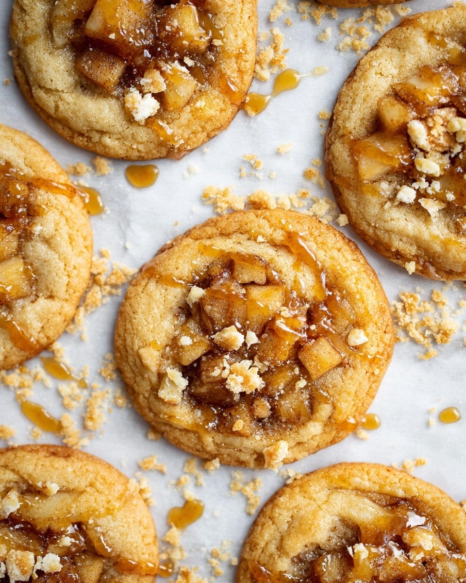 The image shows several golden brown cookies with a soft texture. Each cookie has a slightly darker, caramelized edge and a center filled with small chunks of cooked apples mixed with cinnamon, giving a rich brown color and slightly glossy appearance. Crushed bits of pale beige cracker crumbs are scattered over the apple topping and cookies. Light amber syrup is drizzled across the tops of the cookies, adding shine and a sticky texture. The cookies are placed on a sheet of white parchment over a white marbled surface with some crumbs and syrup drops around. photo taken with an iphone --ar 4:5 --v 7