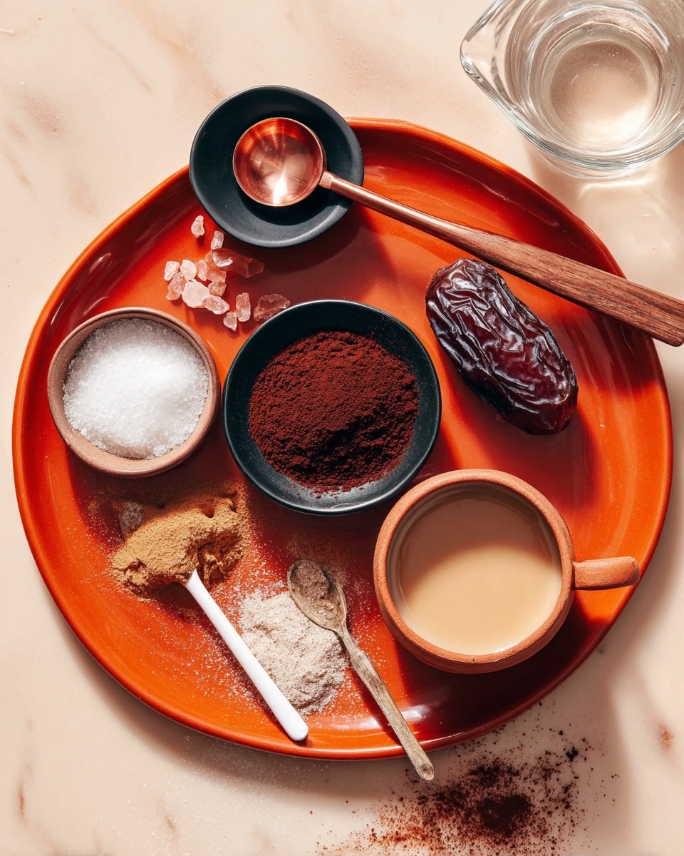 A flat orange plate sits on a white marbled surface, holding several ingredients arranged around and inside it. At the center, a small black bowl is filled with finely ground dark brown cocoa powder, with some powder scattered outside the bowl. To the right of the black bowl, there is a large dark brown dried date. Above the black bowl, a copper measuring spoon with a wooden handle is positioned diagonally, holding a small amount of dark liquid. Next to the cocoa bowl on the left, a black ceramic spoon holds sea salt crystals. On the bottom left side of the orange plate, a white spoon holds light brown cinnamon powder with some powder spilled around it. Next to the plate on the left side, there is a reddish-brown bowl with powdered white sugar, and on the right side of the plate, there is a short, round earthenware cup filled with a creamy beige liquid, with some of it spilled on the plate. A small glass pitcher with clear liquid is partially visible in the top right corner. photo taken with an iphone --ar 4:5 --v 7